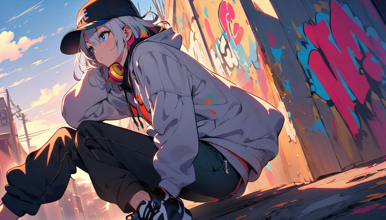 HD 8k Handsome sexy, Solitary, 1 female, Medium Length Hair, white hair, Rainbow hair, blue Eyes, Rainbow headphone, hoodie, colored hoodie, black Trucker Hat, hip-hop style big hooded jacket denim shorts, sneakers NIKE, Human focus looking away, To sit on top of a wall and gaze at a town with a night 8K beautiful view, outdoor, blue sky, White clouds, graffiti Popularity spray art wall,