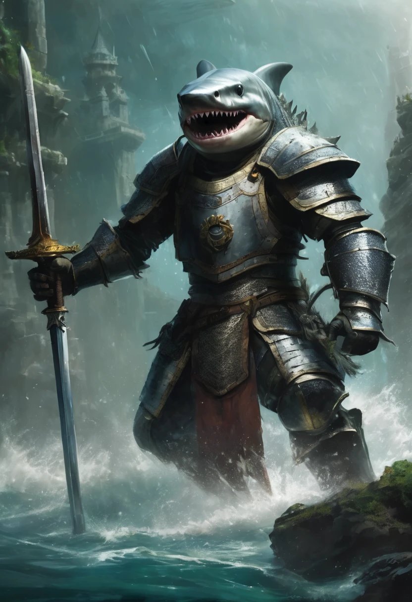 Prompt: A majestic underwater fortress pierces through the misty darkness of a medieval dawn. Amidst the ruins of a bygone era, a formidable figure emerges: a razor-toothed shark warrior, its scaly armor glistening like polished steel in the faint light. Clad in tattered chainmail and wielding a battle-weathered broadsword, this fearsome predator charges forth with an unyielding ferocity, ready to vanquish all foes in a world of myth and legend.,Negative prompt: ,Steps: 25,Sampler: Euler a,KSampler: euler_ancestral,Schedule: normal,CFG scale: 7,Seed: 0,Size: 1152x768,VAE: Automatic,Denoising strength: 0.47,Clip skip: 2,Model: extraRealistic-xl.fp16,Hires resize: 1152x768,Hires steps: 1,Hires upscaler: R-ESRGAN 4x+