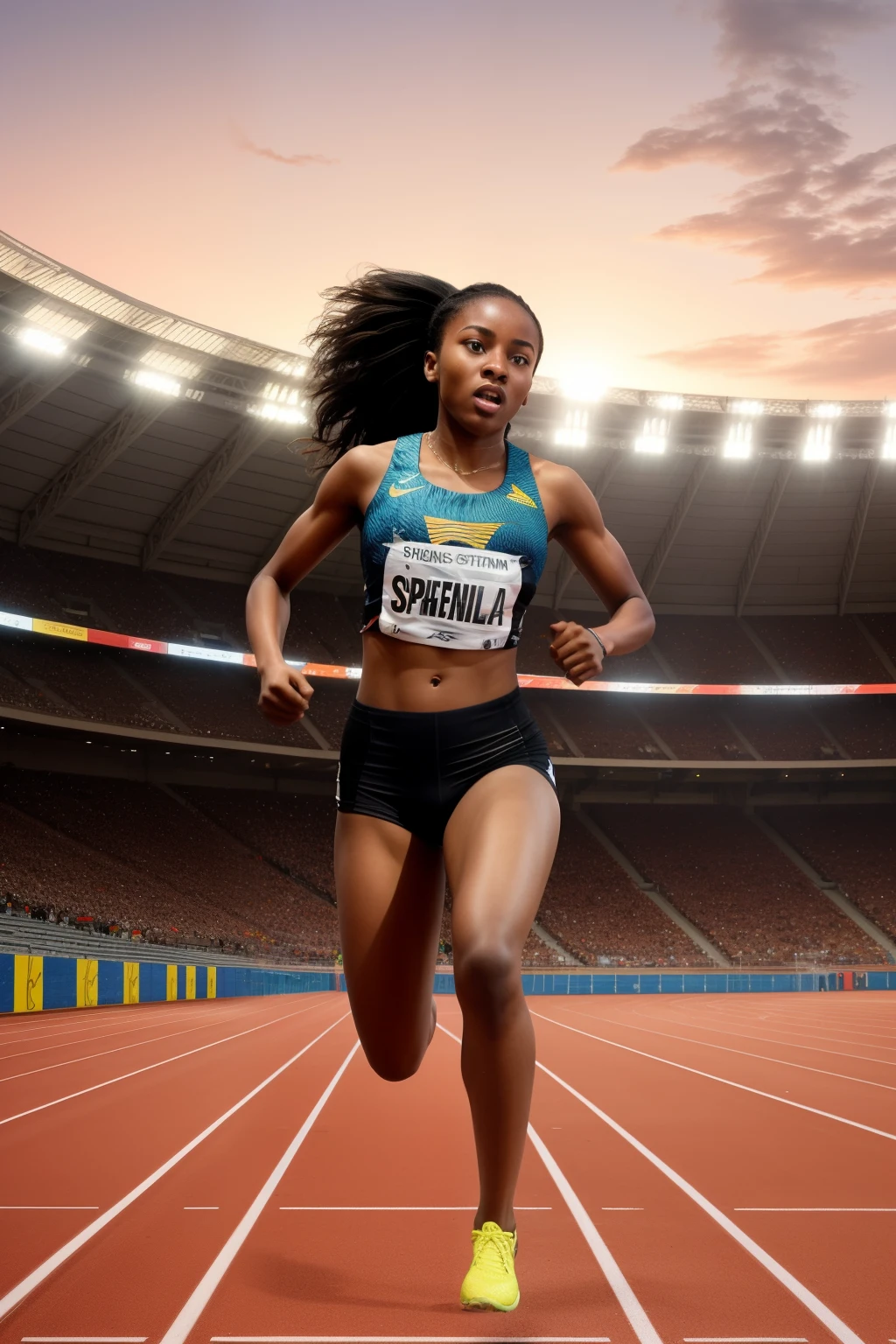 An epic scene of a african sprinter launching off the starting blocks in a dramatic stadium setting. The athlete is captured mid-stride, muscles rippling with power and determination. The background is a grand, modern stadium filled with cheering fans, bright stadium lights, and a vibrant sunset sky. The sprinter's outfit is sleek and aerodynamic, with bold colors and dynamic patterns. The air around them seems to crackle with energy as they speed down the track, leaving a trail of dust behind. Highly detailed, vibrant colors, dynamic motion, energetic atmosphere.