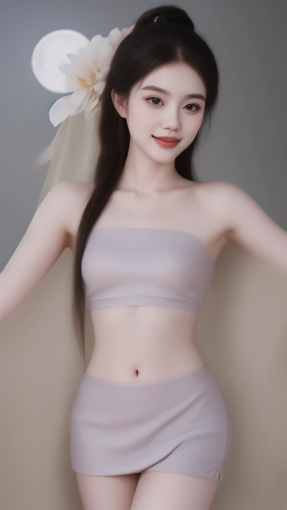 dress,navel, ((cowboy shot)), Redlip, A mature woman, cosmetics, フォトリアリスティック、real photograph、((realistically:1.5))、There are white phalaenopsis around the hair,Lilac dendrobium、white lilies、1 rapariga、Brown hair、floated hair、A plump chest, slim toned body, Charming legs, Hefty Smile, Strike elegant poses, Have extremely beautiful facial features、Hairpin on the head、perfect hand、(natta、themoon、precipice)、 vectorial art、Chinese contemporary art、gentlesoftlighting、looking-down