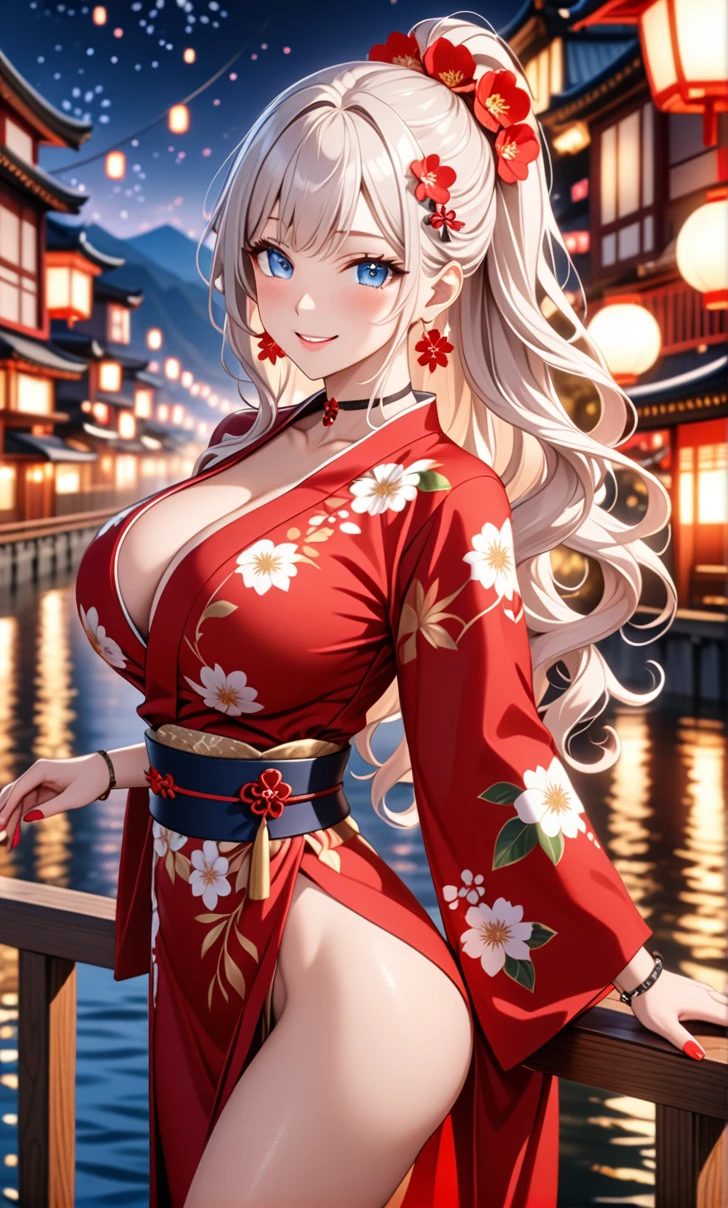 ultra-detailed, ((one girl)), ((a girl with white hair wearing a black kimono)),  hyper detailed, absurdres, 8K, Beautiful Face, (Laugh shyly), ((teasing smile:1.8)), ((Wink:1.8)), (Laugh with your mouth wide open),(Tilt your head:1.3), View your viewers, ((Bright red cheeks:1.6)),Glossy Red Lips, ((Big Breasts:1.5)), (valley),night, Riverside,On Bridge, firework, (Brighten your face), ((Anime style background)),masterpiece, Highest quality, so beautiful,Latest, Complex details, (Pink long nails), (nail art), (ring),(bracelet), (Floral Choker),AI-generated, Complex,High resolution, Highest quality, super high quality,3D Images、3D Images,One person,((White long hair)),(High Ponytail), (wavy hair:1.3), Fair-skinned anime woman posing for a photo, ((Fine grain、blue eyes、glowing eyes:1.4)), ((add white color to blue eyes)), (Squint your eyes:1.1),a hyperRealistic , hyperRealistic , Realistic, Anime woman with long white hair, Smooth anime CG art, A girl in a gorgeous kimono with gold embroidery, ((black furisode:1.3),(Red floral pattern) ,Long flower hair ornament,Floral Earrings,Mature Body, tall,Abdominal muscles,Tight waist,((arched back:2.0)), (front view),