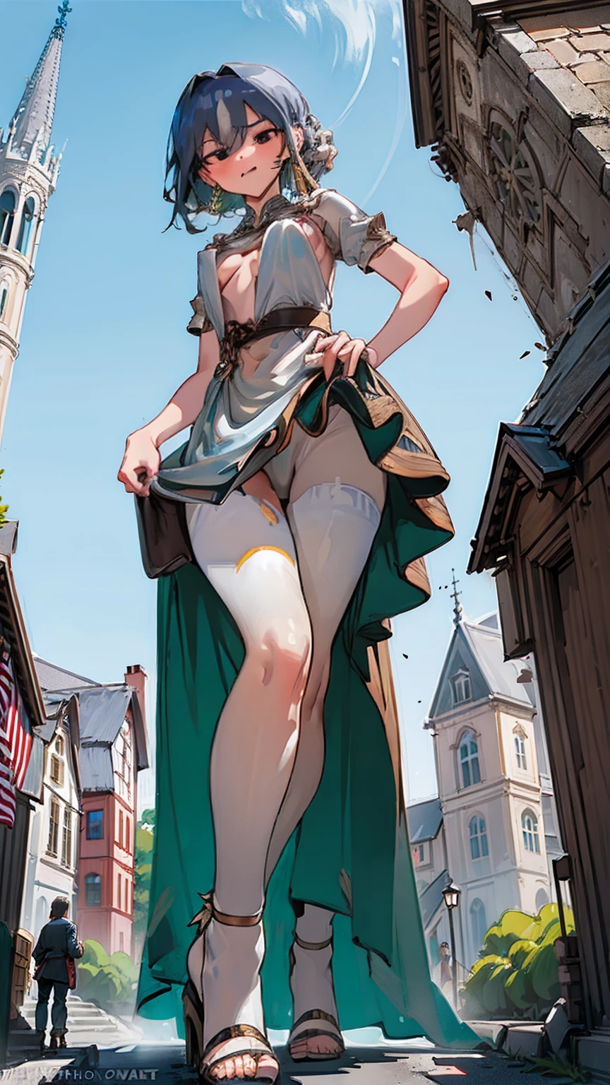 Sensual giantess with flowing golden hair and piercing blue eyes, in a barely-there silver dress, strides through a medieval town. Her every step causes chaos, and she gazes down at the minuscule humans with a teasing smile. Her friend, a giantess with curly black hair and green eyes, joins her, both laughing at the terrified villagers. Giantess, Goddess, sexy legs, heels, hot, curvy body, mommy issues, small town, small people, tiny people, macrophilia, perspective from below, high quality, almost naked, mature women.

