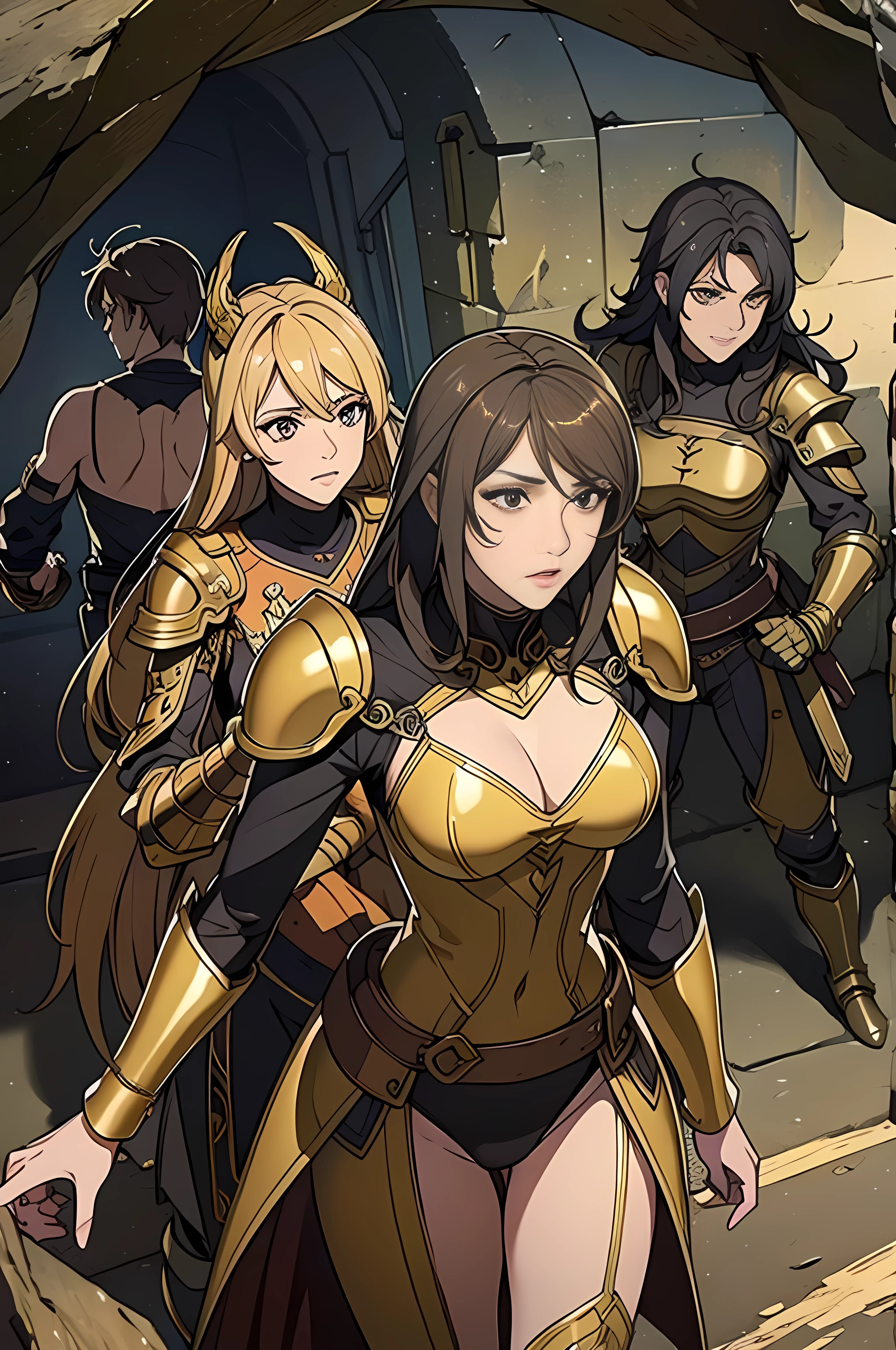 best quality, official art, masterpiece, textile shading, HDR, very detailed, colorful, best details, fantasy, gold & black battle armor, wearing gold battle helmet, 1 human female, 25 years old, 3 boys bandits, Multiple horny bandits, Anxious and frightened expression, standing on stairs, Inside the cave, Dim brightness, choppy hair, big breast, skinny, Surrounded by a horde of bandits:1.9、Bandits in heat, Feeling like about to be attacked, mysterious atmosphere、cameltoe:1.3, looking back, ground level shot:1.9, fighting stance,