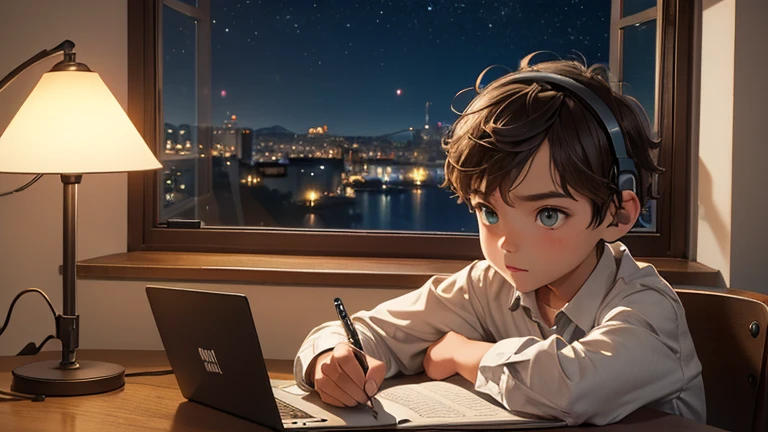  boy, 20 year, short-hair, brown, greeneyes, estilo rebelde, Wearing Headphones, writing in notebook on your study table, next to a large window, with a view of the illuminated city `the night. na sala, lighting from a table lamp, with 2 books, an open laptop and a cup of coffee.