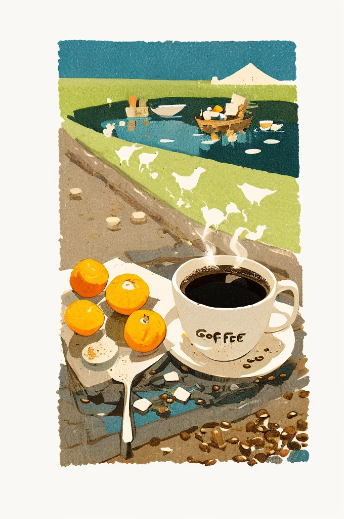 Illustration: Simple wood block printing style. Impressions of hot coffee in a rural atmosphere Fresh coffee beans were scattered on the stick next to him, Eroladew and apricots were in the middle of the cups. with emphasis on color and volume So refreshing that you can feel the taste. Large coffee mug in the foreground