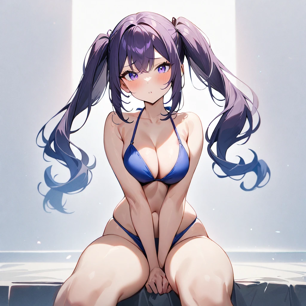1 girl,Solo,long and shot hair,masterpiece, best quality, very aesthetic, absurdres,arms,face,hands,purple and blue,two tone color,v_arms,breasts,hand_between_legs,Bikini