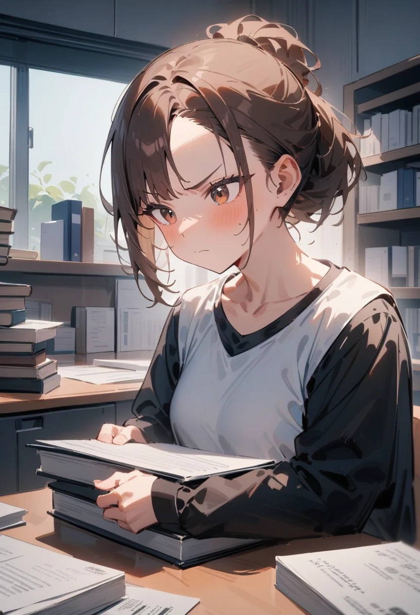 masterpiece, best quality, very aesthetic, absurdres, newest, 1girl, solo, asymmetrical bangs, tareme, young adult, brown hair, tied back hair, medium length, brown eyes, looking at documents, serious expression, casual academic clothes, indoor, research lab, sitting at desk, piles of documents and books, focused and intense mood, front view