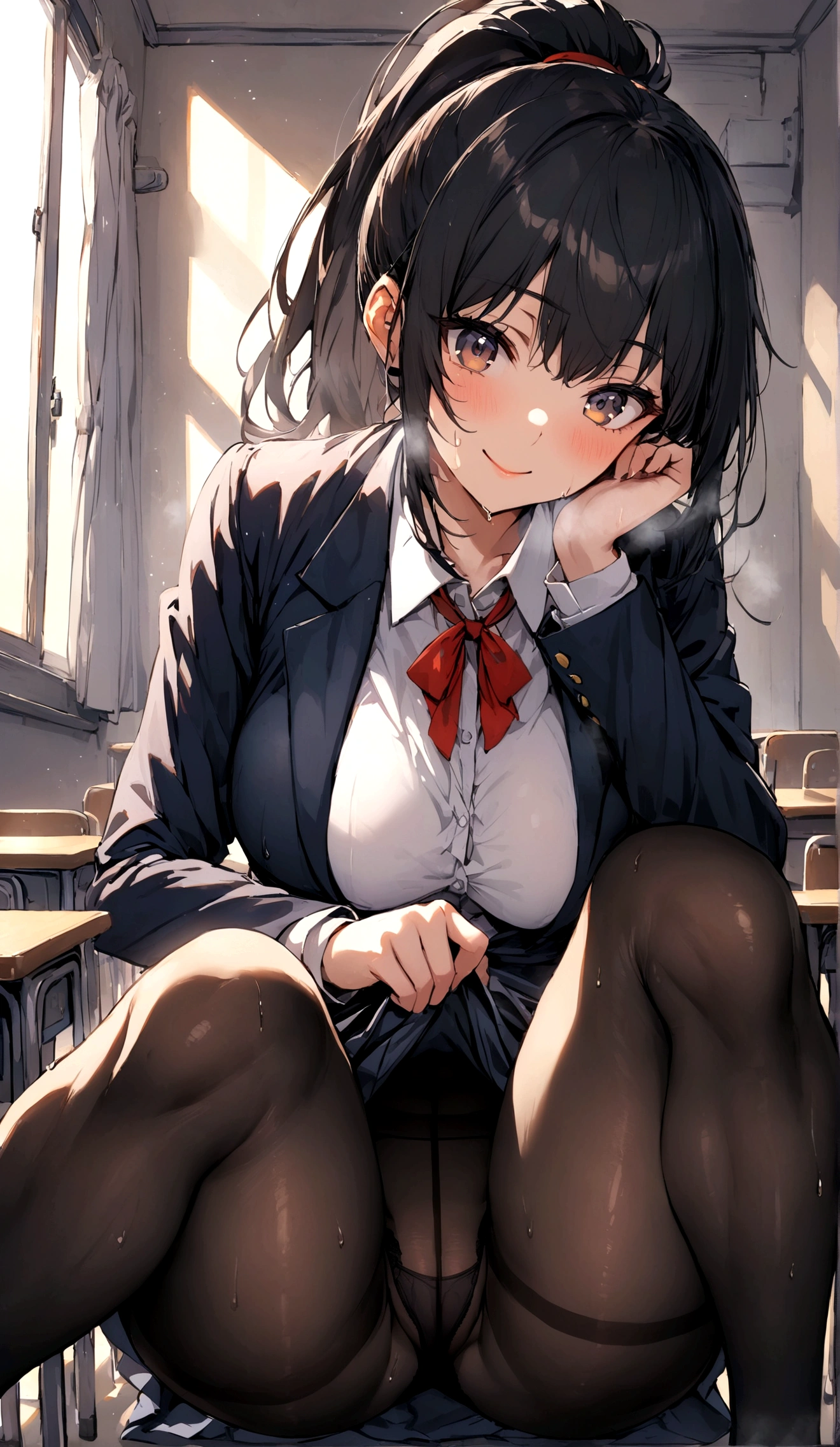 A girl in a miniskirt boldly shows off her crotch to the viewers, Squat with your legs wide apart、Looking down at the viewer, ponytail, Highest quality, Focus on the thighs, Spread your legs wide, smile, blazer, blouse, Black Pantyhose, panties under pantyhose, , classroom, Black Hair,My thighs are steaming between the legs 、Sweaty pantyhose