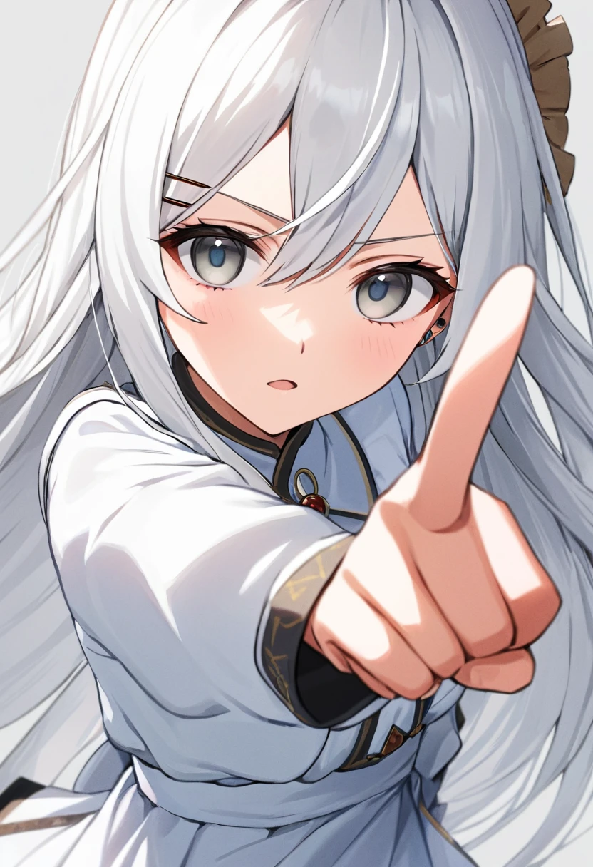 a peasant girl in a white dress, long hair, white hair, beautiful gray eyes, (
one metal hairpin just above the ear pointing towards the eyes)++,detailed clothing,(best quality,highres,masterpiece:1.2)highly detailed portrait,anime style,super detailed,simple background,
full length