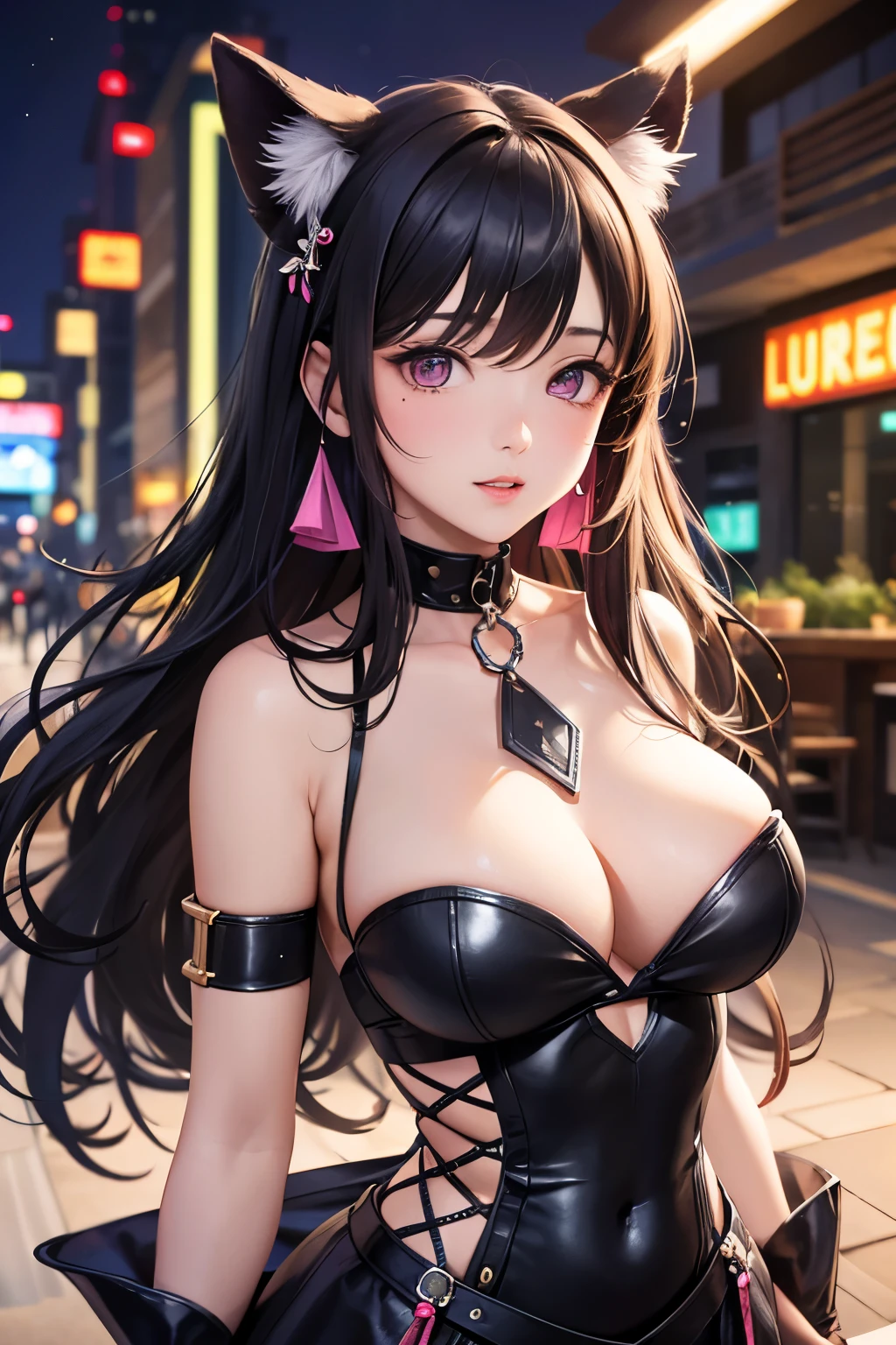masterpiece, best quality, very detailed, high resolution, expensive resolution, high resolution, 4K, 8k, Unity 8k wallpaper, highly detailed CG, masterpiece, 2D, 3D, beautiful details, depth, fine texture, best quality: 1.3, perfectly focused, crispy skin, he,
Very cute anime girl, two girls who are employees of a night bar, sexy dress, big breasts, expensive pink medium long hair and brown short hair, two girls, night bar, mole under eye, looking at the viewer, expensive, blush, mole, lips parted,, heart, pink eyes, choker