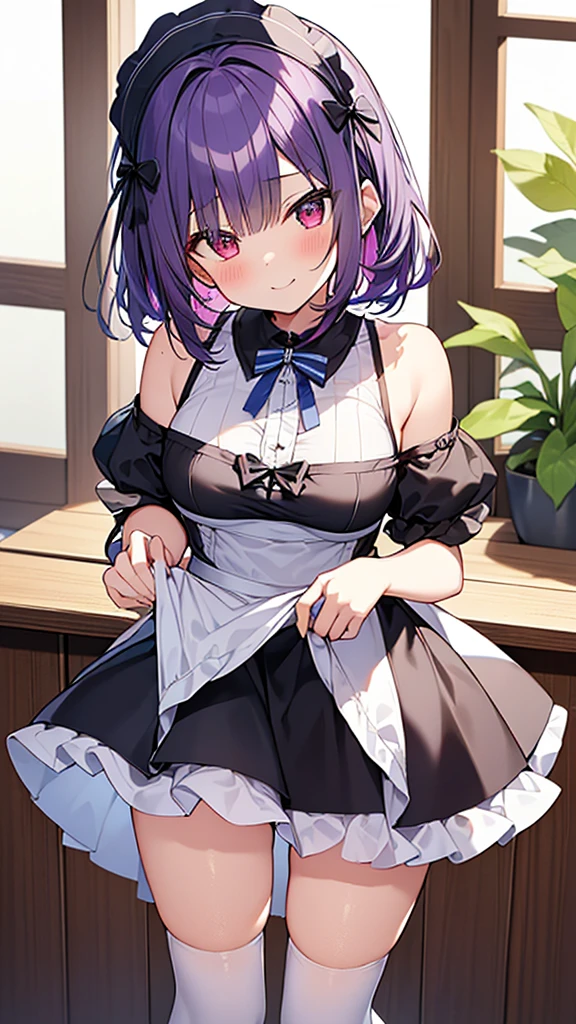 最high quality, high quality, Super detailed, 32k, Ultra-detailed details, Sister and maid, ( 立ってる, pretty girl, beautiful purple hair, ショートヘア, Beautiful RED eyes, Big Breasts, A light smile, Red eyes, Off-the-shoulder sleeveless Summer clothes, Summer casual maid clothes, Short skirt, Blue and white color striped underwear, Black knee socks, ローファー, My crotch is wet with love juice, 18-year-old,cute), {{The succubus peels the skin off her sister's face, sticks it on her face, and seduces her by dressing her as a maid.}}, She has transformed from a shy maid into a lewd one., A maid with her sister's face stuck on her face is vigorously pistoning her body, A maid who moves her body vigorously without caring if her breasts bounce, Super detailed, Full body image, ((頭からつま先まで:1.3)), NSFW