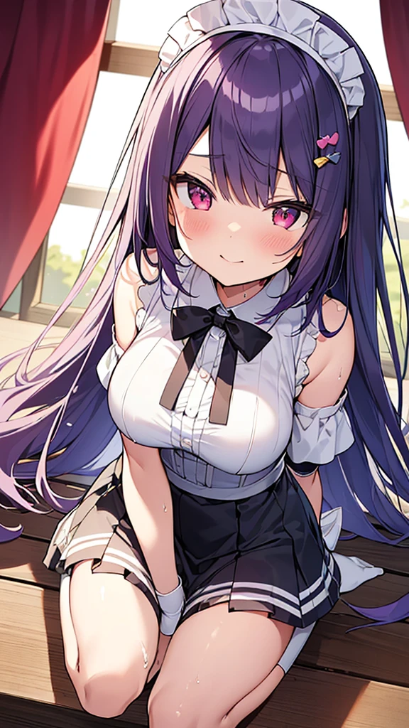 最high quality, high quality, Super detailed, 32k, Ultra-detailed details, Sister and maid, ( 立ってる, pretty girl, beautiful purple hair, ショートヘア, Beautiful RED eyes, Big Breasts, A light smile, Red eyes, Off-the-shoulder sleeveless Summer clothes, Summer casual maid clothes, Short skirt, Blue and white color striped underwear, Black knee socks, ローファー, My crotch is wet with love juice, 18-year-old,cute), {{The succubus peels the skin off her sister&#39;s face, sticks it on her face, and seduces her by dressing her as a maid.}}, She has transformed from a shy maid into a lewd one., A maid with her sister&#39;s face stuck on her face is vigorously pistoning her body, A maid who moves her body vigorously without caring if her breasts bounce, Super detailed, Full body image, ((頭からつま先まで:1.3)), NSFW