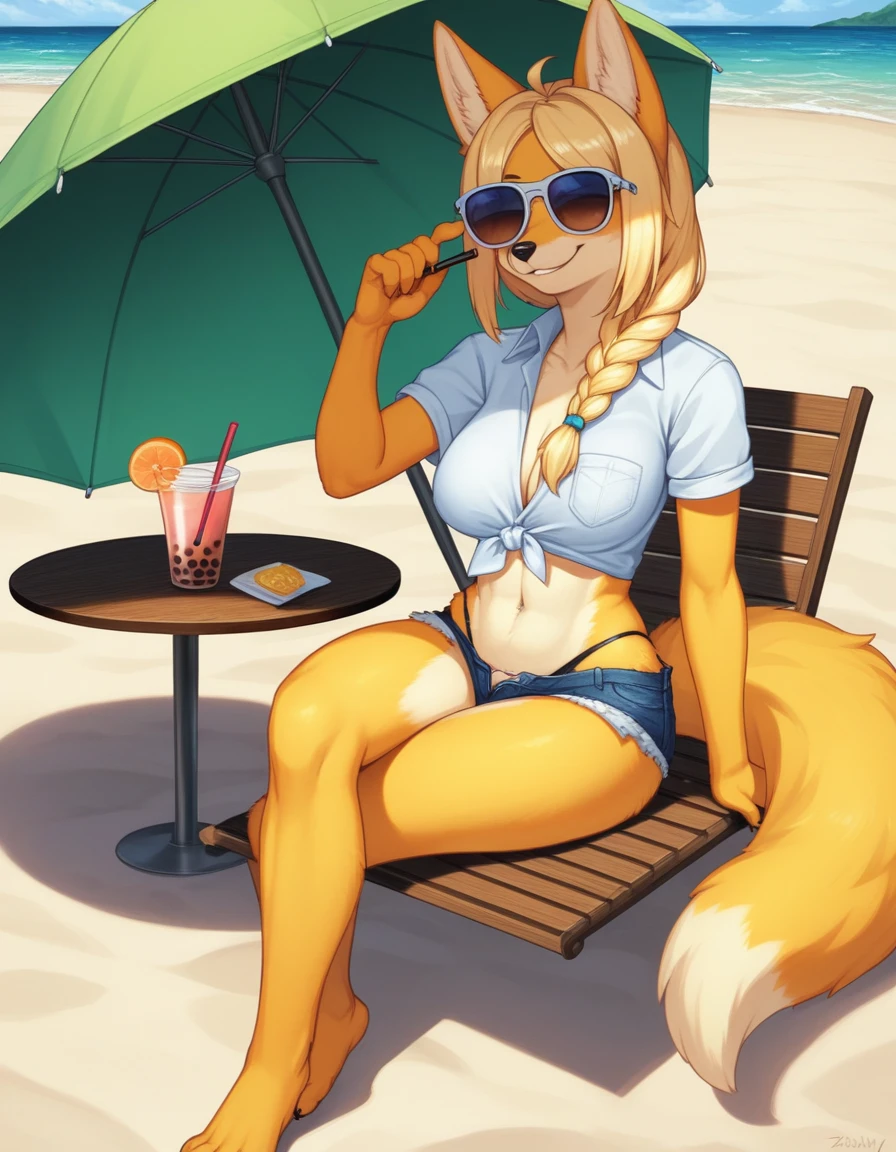Solo, Score_9, score_8_up, score_7_up, kemono style, An Anthro furry fox girl, yellow furry body, yellow fox tail , black nose, blonde hair, braided hair, wearing blue daisy dukes, a tied white shirt, visible thong, sunglasses, sunglasses covering eyes, smirking, outdoors, sunny day, looking away, majestic, at the beach, sitting on a chair under an umbrella, in front of a food stand, legs crossed, barefoot, toe ring, 4 toes, holding a cup of boba tea, drinking boba through a straw