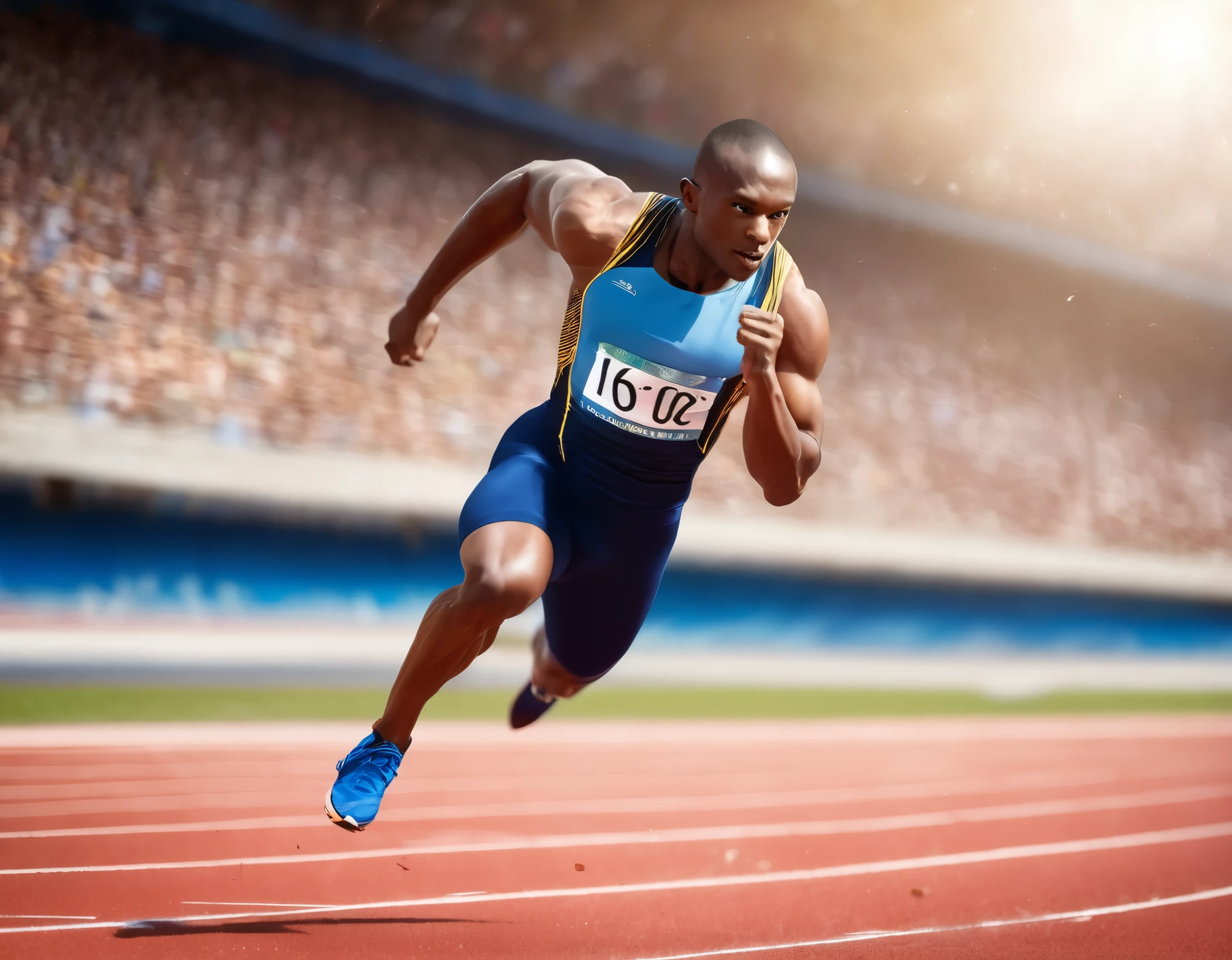 best quality, super fine, 16k, 2.5D, delicate and dynamic depiction,  athlete, 100m sprint, starting dash, beautiful form, well-trained muscles, uniform, (speed line, action blur, motion blur:0.5), athletics stadium