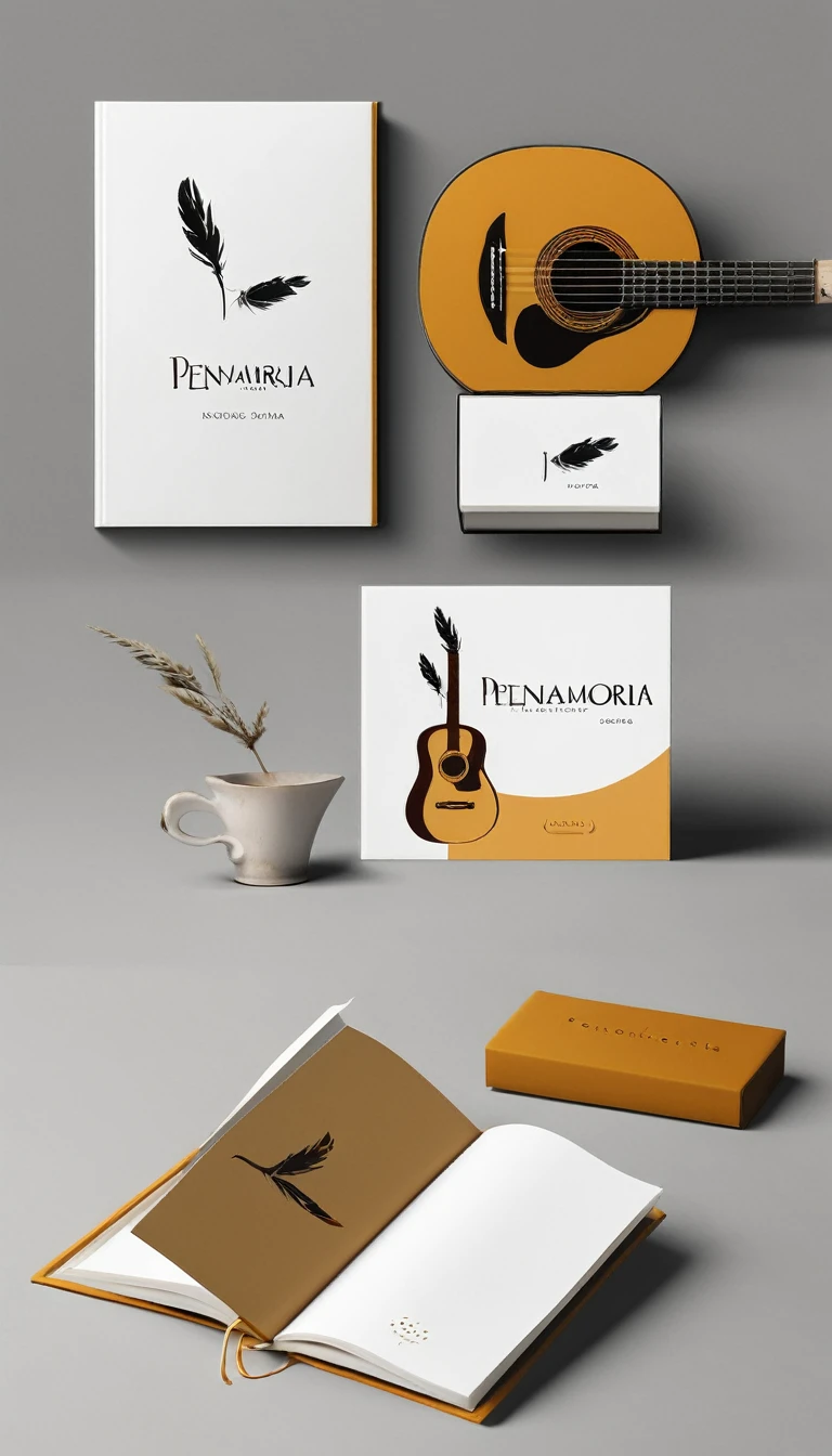 A minimal, modern, simple, cinematic logotype for the brand “Penamemoria". The logotype must be a simple, magical feather and a boy playing acoustic guitar. The logo must convey a sense of music, stories and dreams. Logo design impressed on a book cover. Minimalistic logo