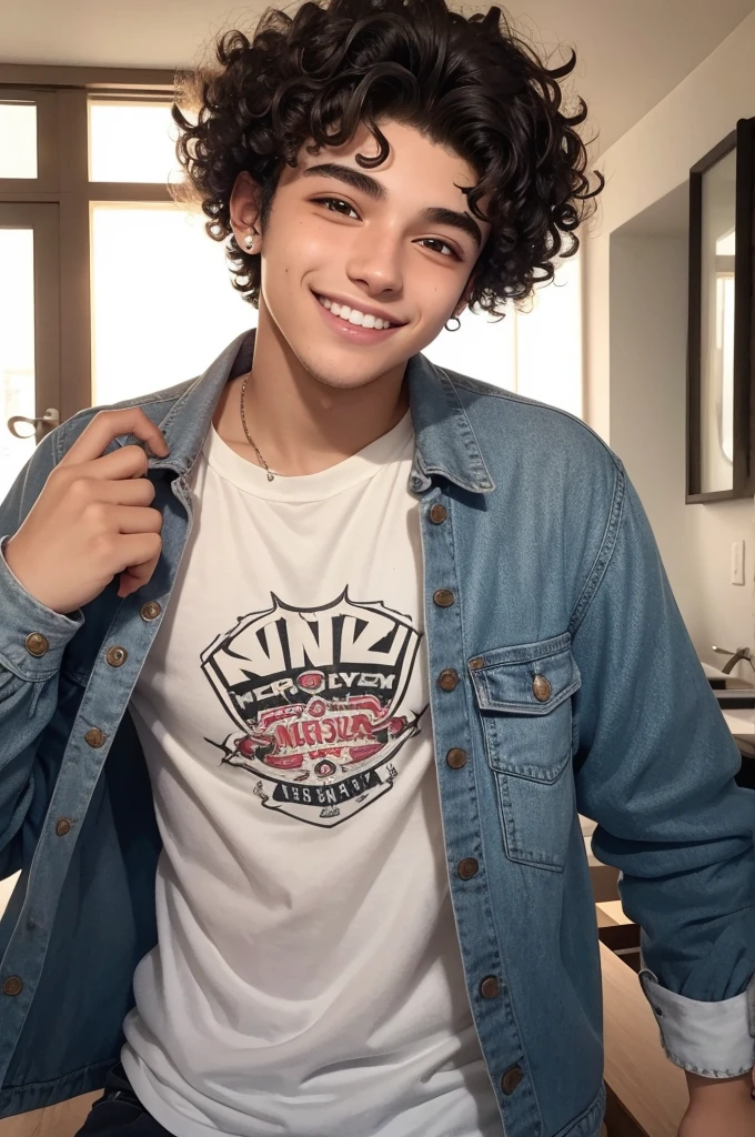 17-year-old man with curly hair and a perfect smile, com olhos castanhos, eyebrow piercing and one in the corner of the mouth