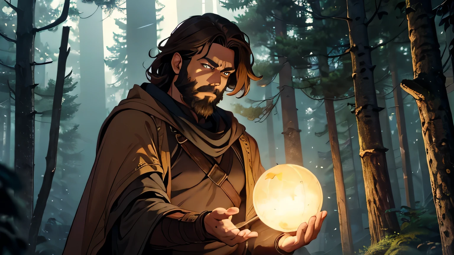 Worried-faced man with dark brown beard, long dark brown hair, light yellow-brown eyes and dark brown and light brown tunic from the 4th century BC. C., in a light brown cloak, about 50 years old, throwing stone with his hand, in a dark and mysterious forest at night, movement scene in the forest, changing lighting, hyper-realistic, cinematic lighting,