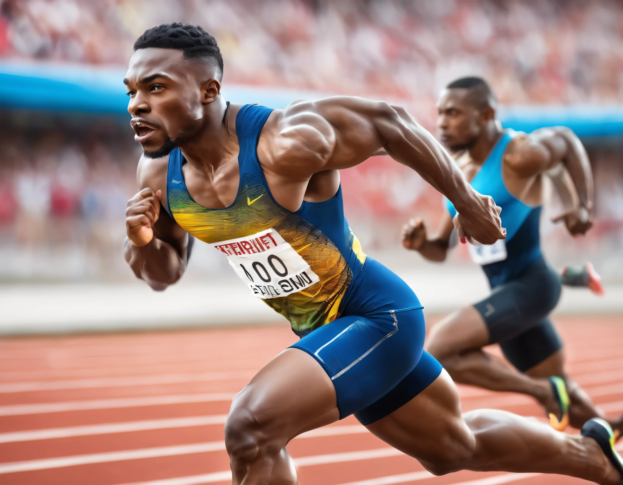 best quality, super fine, 16k, 2.5D, delicate and dynamic depiction, athlete, 100m sprint, starting dash, beautiful form, well-trained muscles, uniform, (speed line, action blur, motion blur:0.7), athletics stadium