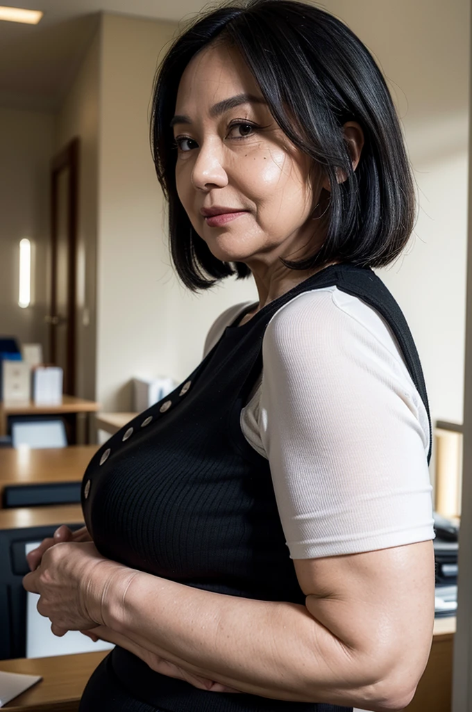 ((best quality)), ((Masterpiece)), (4k details), photorealism, full body, (((old Asian woman))), ((Age 85)), tight red latex, Big muscles,show niples, Pigtails hairstyle, Eyes on the camera, spread legs wide ,lie on the table, horny look, angry look, open mounth,