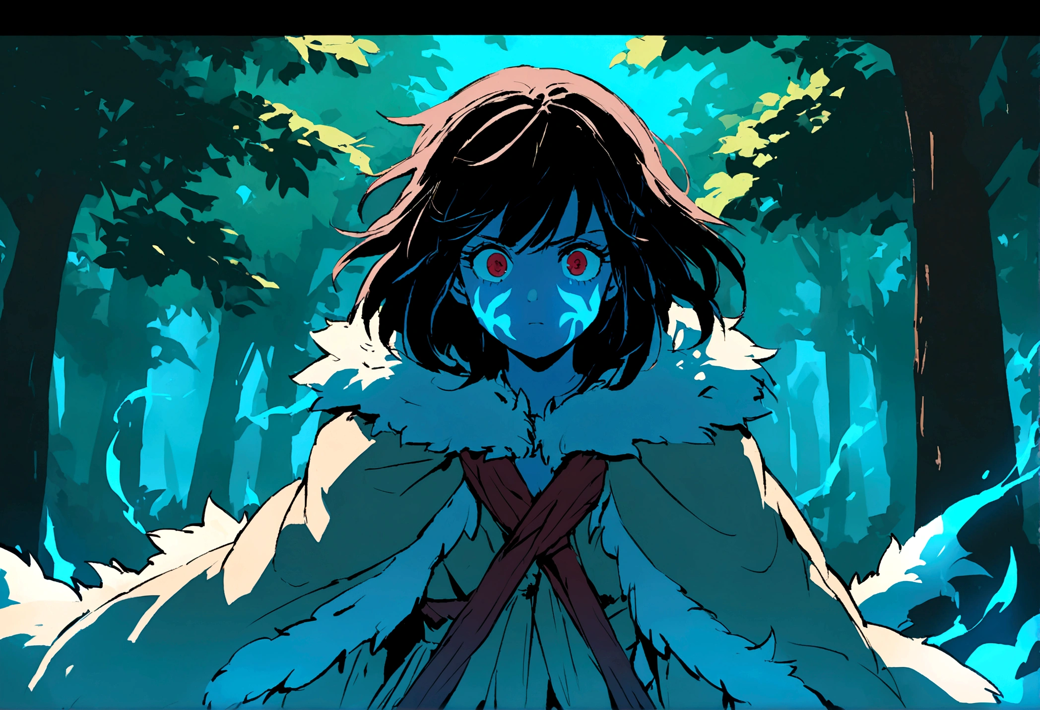 "Please draw San from Princess Mononoke. San is a girl who was raised by wolves.、Has the appearance of a warrior. She wears a white fur cloak and a red mask., Long black hair. Her face is covered in blue war paint., And her eyes reflect her determination. The background is a lush forest, Emphasizing San's presence in nature. The whole scene had to convey San's wild and powerful aura.."