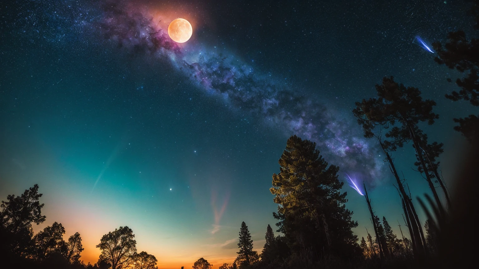 wide landscape photography, (Looking up from below, The sky is above, There is an empty space below), (full moon: 1.2), (meteor: 0.9), (nebula: 1.3),Handmade Art, (暖lamp: 1.2), (fire Fly: 1.2), lamp, Many colors, Intricate details, Volumetric Lighting BREAK (masterpiece: 1.2), (Highest quality), 4K, Very detailed, (dynamic combination: 1.4), Lots of details，colorful, (Rainbow colors: 1.2), (shine, Ambient Lighting), dream-like, magic, (Lonely: 1.2)