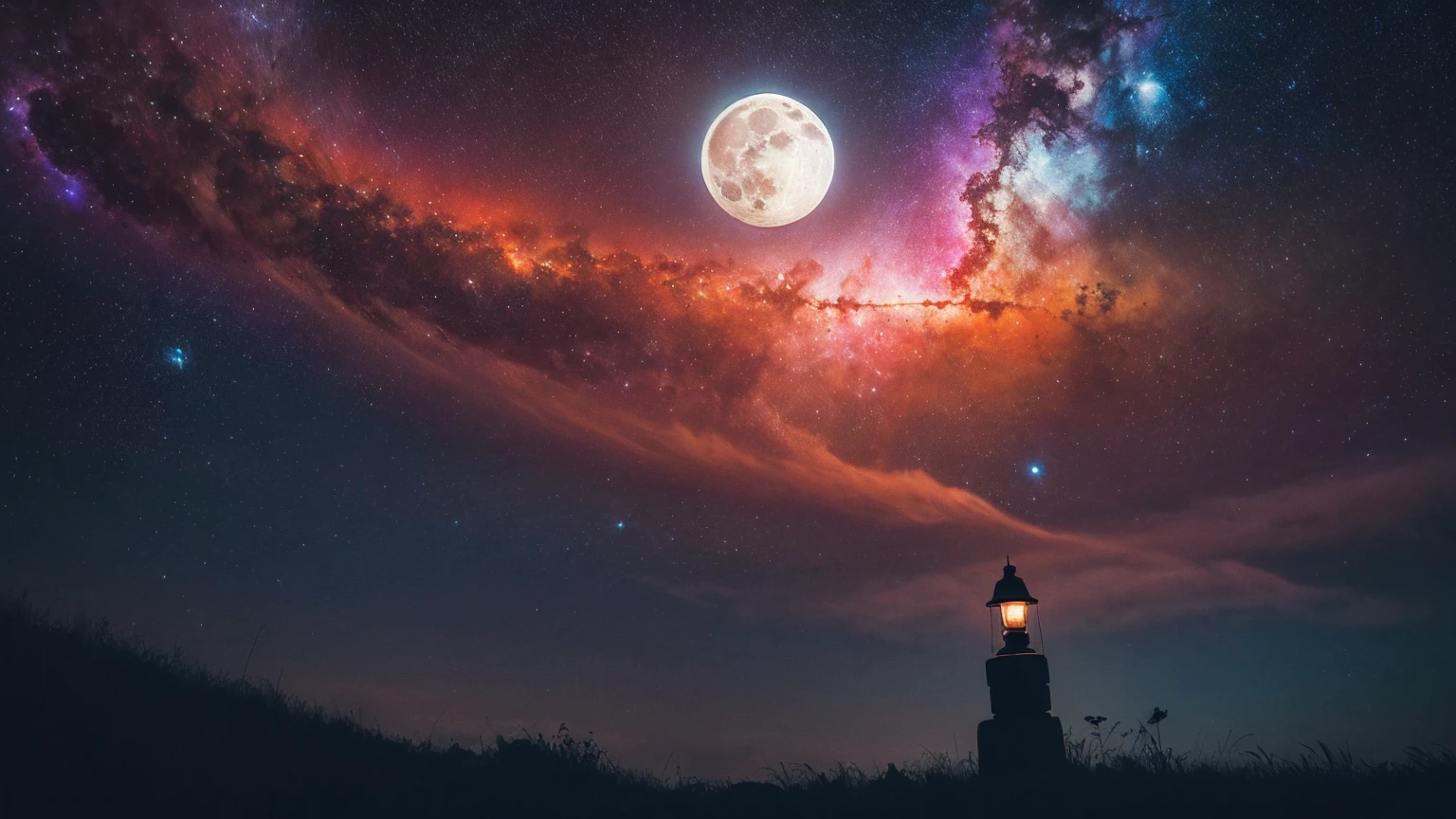 wide landscape photography, (Looking up from below, The sky is above, There is an empty space below), (full moon: 1.2), (meteor: 0.9), (nebula: 1.3),Handmade Art, (暖lamp: 1.2), (fire Fly: 1.2), lamp, Many colors, Intricate details, Volumetric Lighting BREAK (masterpiece: 1.2), (Highest quality), 4K, Very detailed, (dynamic combination: 1.4), Lots of details,colorful, (Rainbow colors: 1.2), (shine, Ambient Lighting), dream-like, magic, (Lonely: 1.2)