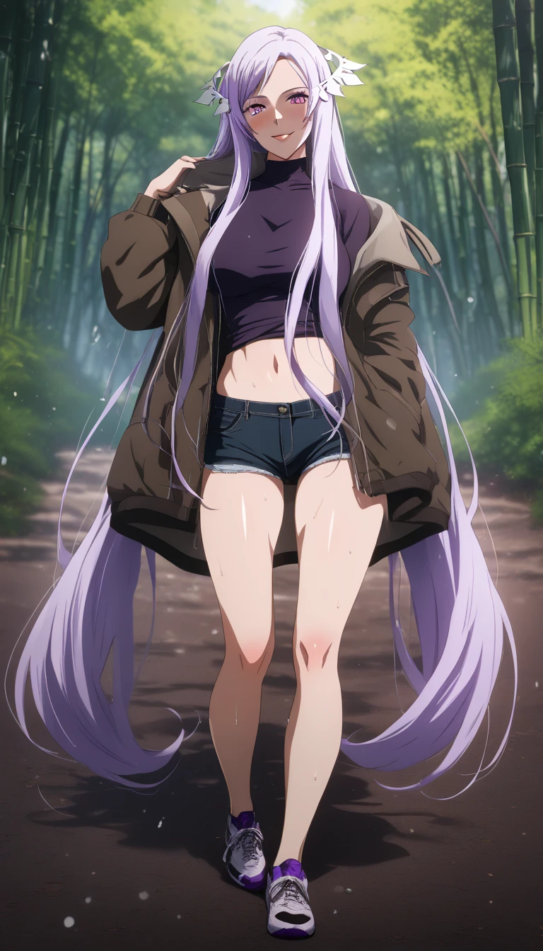 (harayutaka art style:0.7), score_9, score_8_up, score_7_up, score_6_up, uncensored, quinella, absurdly long hair, purple eyes, long hair, parted bangs, purple hair, very long hair, hair ornament, horny face, blush face, lips, naughty face, shiny skin, sweating, steaming body, curvy, voluptuous, glowing eyes, 1girl, solo, pantyhose, standing, coat, full_body, looking_at_viewer, black_legwear, smile, casual, shoes, turtleneck, simple_background,  jacket, tree, bamboo, forest, smoke, water drop, spotlight, bokeh, bootyshorts, sneakers, 