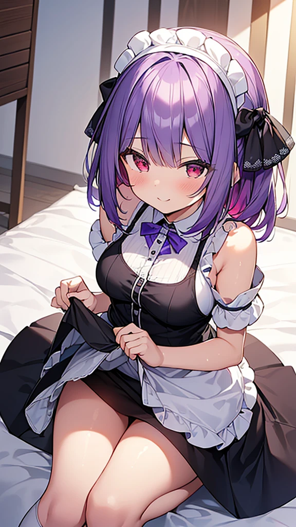 最high quality, high quality, Super detailed, 32k, Ultra-detailed details, Sister and maid, ( 立ってる, pretty girl, beautiful purple hair, ショートヘア, Beautiful RED eyes, Big Breasts, A light smile, Red eyes, Off-the-shoulder sleeveless Summer clothes, Summer casual maid clothes, Short skirt, Blue and white color striped underwear, Black knee socks, ローファー, My crotch is wet with love juice, 18-year-old,cute), {{The succubus peels the skin off her sister&#39;s face, sticks it on her face, and seduces her by dressing her as a maid.}}, She has transformed from a shy maid into a lewd one., A maid with her sister&#39;s face stuck on her face is vigorously pistoning her body, A maid who moves her body vigorously without caring if her breasts bounce, Super detailed, Full body image, ((頭からつま先まで:1.3)), NSFW