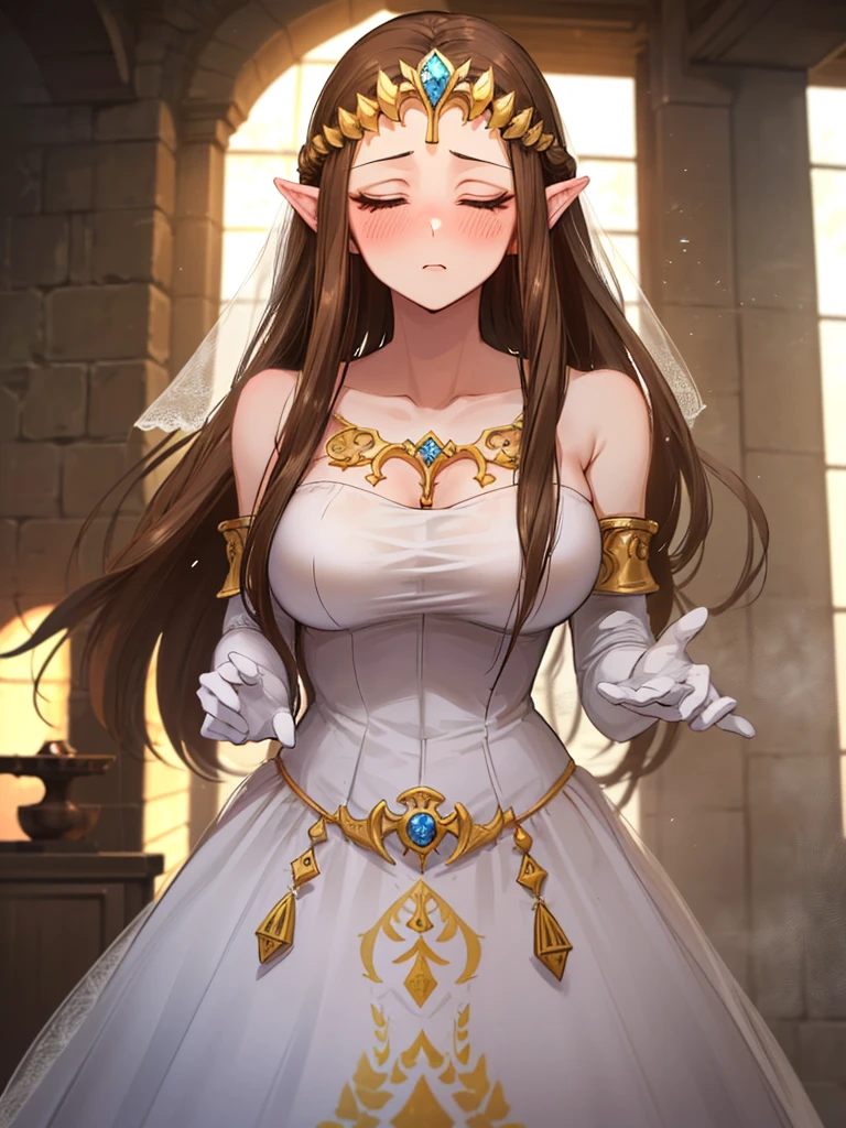 ((((Very beautiful mature woman)))),((surprised),((Scared)),((Close one eye)),((((Exposed shoulders)))),(((look up))),,((()),,(((Long Hair)))),((Big Breasts)),((((Exposed shoulders)))),((Front Face)),Princess Zelda, ((Highest quality)),,(Very detailed) ,,((Wedding dress)),Brown Hair,((Embarrassed look)),Blushing, ((Highest quality)), (Very detailed), ,(((Dark brown hair))),Nintendo, (Straight hair), face,Blushing,((alone)), ((Highest quality)), (Very detailed),((Beautiful straight hair)) ,