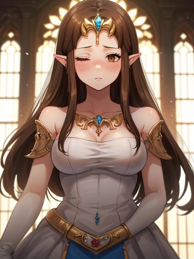 ((((Very beautiful mature woman)))),((surprised),((Scared)),((Close one eye)),((((Exposed shoulders)))),(((look up))),,((()),,(((Long Hair)))),((Big Breasts)),((((Exposed shoulders)))),((Front Face)),Princess Zelda, ((Highest quality)),,(Very detailed) ,,((Wedding dress)),Brown Hair,((Embarrassed look)),Blushing, ((Highest quality)), (Very detailed), ,(((Dark brown hair))),Nintendo, (Straight hair), face,Blushing,((alone)), ((Highest quality)), (Very detailed),((Beautiful straight hair)) ,