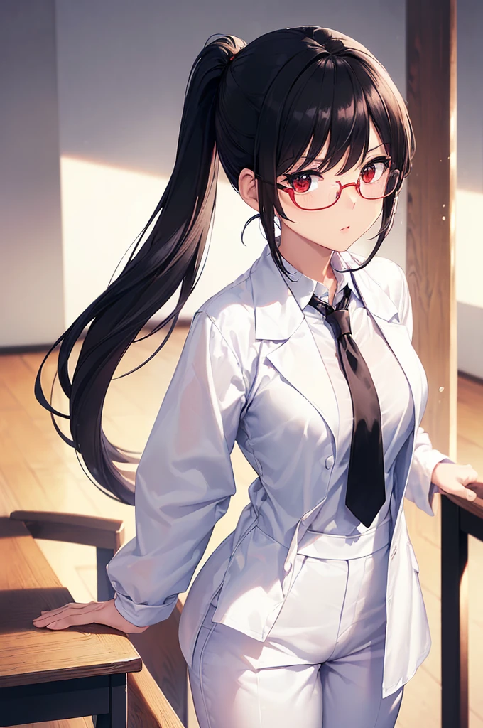 (masterpiece; best quality: 1.2), (finely detailed eyes: 1.3), ((25 year old woman)), ((solo)), (red eyes: 1.4), (body; gorgeous, lithe, femenine: 1.3), (black hair in low-ponytail: 1.3), (beautiful and clear background: 1.2), ((depth of field)), (equipment: white unbuttoned labcoat + black shirt + white tie + white pants + black square glasses: 1.3), (anime illustration: 1.2), (background composition; japanese highschool classroom + furniture: 1.1), (extremely fine and beautiful: 1.1), (shot composition; standing + centered on torso + close-up: 1.5), (expression; calm, smile: 1.2)