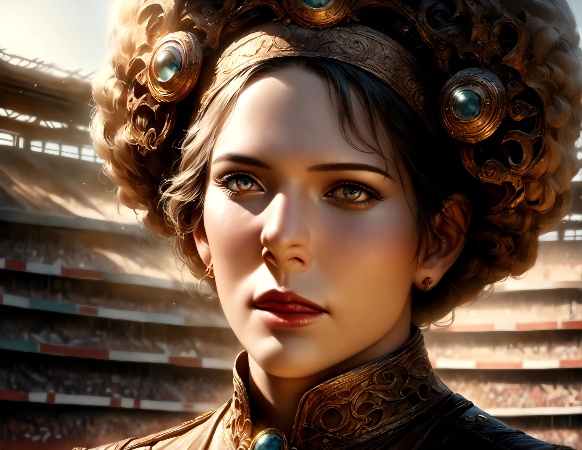 A dapper, mechanical android soccer team, steam vents, lit eyes, playing in a well-lit, packed stadium, teams with different color schemes, only one soccer ball on the field (best quality, 8k, highres, masterpiece:1.2), ultra-detailed, (realistic, photorealistic, photo-realistic:1.37), steam punk, concept art