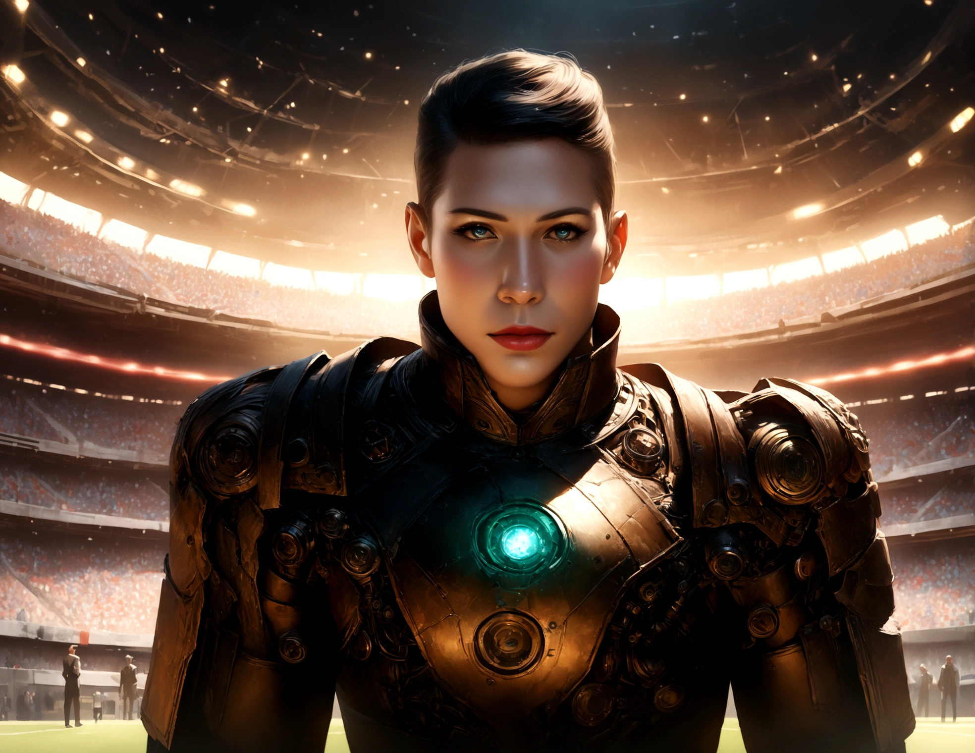 A dapper, mechanical android soccer team, steam vents, lit eyes, playing in a well-lit, packed stadium, teams with different color schemes, only one soccer ball on the field (best quality, 8k, highres, masterpiece:1.2), ultra-detailed, (realistic, photorealistic, photo-realistic:1.37), steam punk, concept art