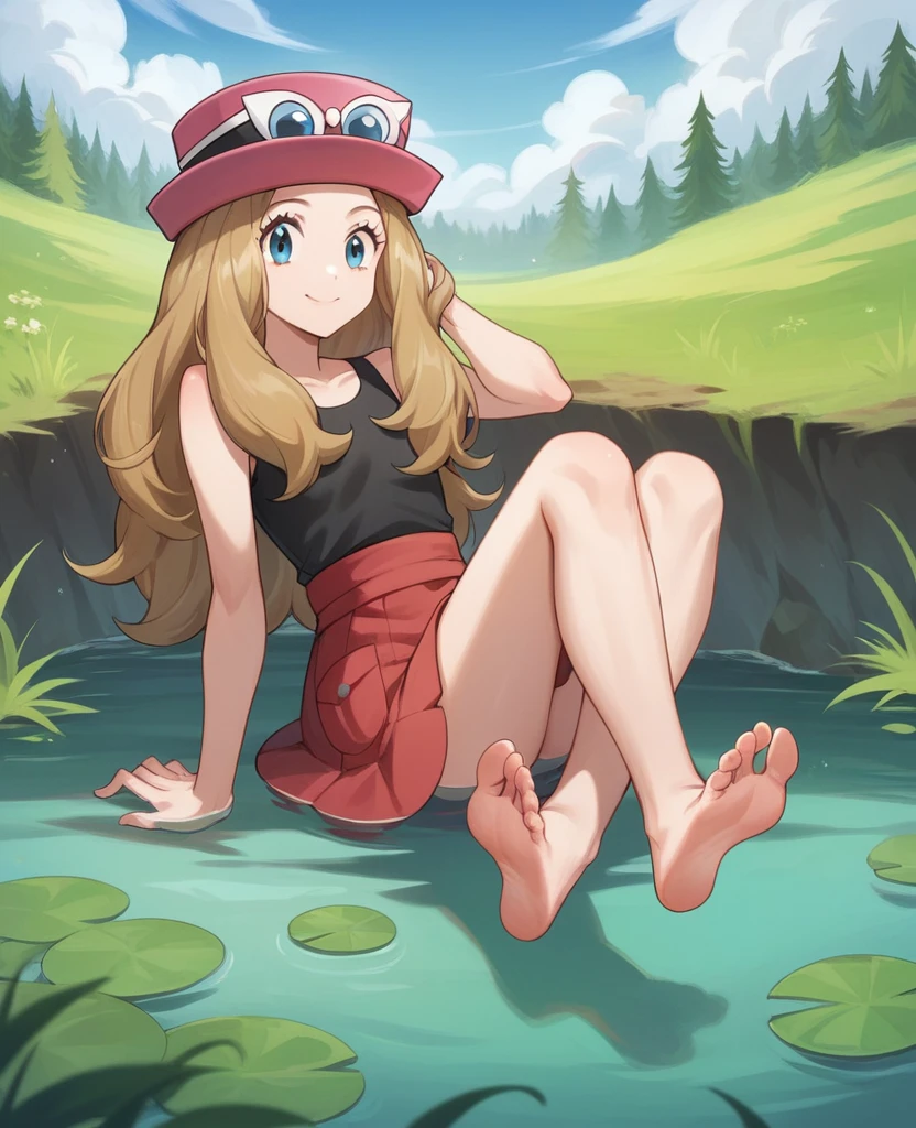 Masterpiece, Best Quality, high resolution, in a small lake, background vegetation, A girl, alone, blue eyes, long hair, blonde color, exhausted look, sitting on the shore, smiling, serena (pokemon), pink hat, black shirt, bare shoulders, Red skirt, bare legs stretched and apart, barefoot, soles of the feet in the air