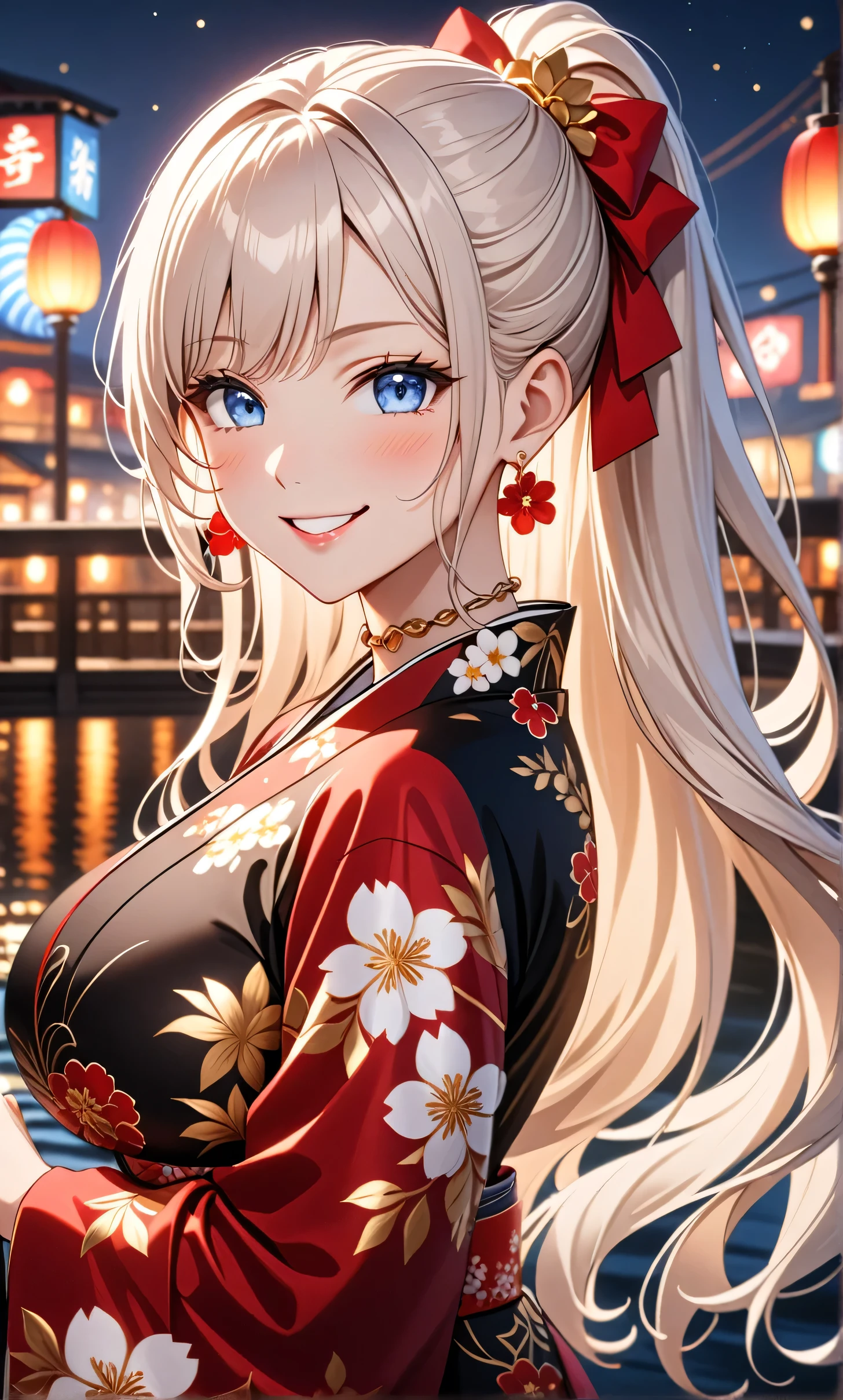 ultra-detailed, ((one girl)), ((a girl with white hair wearing a black kimono)), hyper detailed, absurdres, 8K, Beautiful Face, (Laugh shyly), ((teasing smile:1.8)), ((Wink:1.8)), (Laugh with your mouth wide open),(Tilt your head:1.3), View your viewers, ((Bright red cheeks:1.6)),Glossy Red Lips, ((:1.5)), (valley),night, Riverside,On Bridge, firework, (Brighten your face), ((Anime style background)),masterpiece, Highest quality, so beautiful,Latest, Complex details, (Pink long nails), (nail art), (ring),(bracelet), (Floral Choker),AI-generated, Complex,High resolution, Highest quality, super high quality,3D Images、3D Images,One person,((White long hair)),(High Ponytail), (wavy hair:1.3), Fair-skinned anime woman posing for a photo, ((Fine grain、blue eyes、glowing eyes:1.4)), ((add white color to blue eyes)), (Squint your eyes:1.1),a hyperRealistic , hyperRealistic , Realistic, Anime woman with long white hair, Smooth anime CG art, A girl in a gorgeous kimono with gold embroidery, ((black furisode:1.3),(Red floral pattern) ,Long flower hair ornament,Floral Earrings,Mature Body,Abdominal muscles,Narrow waist,((arched back:1.9)), (front view),