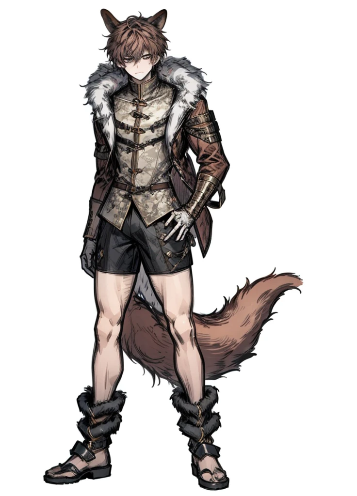 1boy , half-beast, fur-covered body, furry tail, weapon, (high resolution, high detail, best quality),alone,brown hair, playful