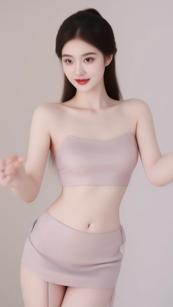 dress,navel, ((cowboy shot)), Redlip, A mature woman, cosmetics, フォトリアリスティック、real photograph、((realistically:1.5))、There are white phalaenopsis around the hair，Lilac dendrobium、white lilies、1 rapariga、Brown hair、floated hair、A plump chest, slim toned body, Charming legs, Hefty Smile, Strike elegant poses, Have extremely beautiful facial features、Hairpin on the head、perfect hand、(natta、themoon、precipice)、 vectorial art、Chinese contemporary art、gentlesoftlighting、looking-down