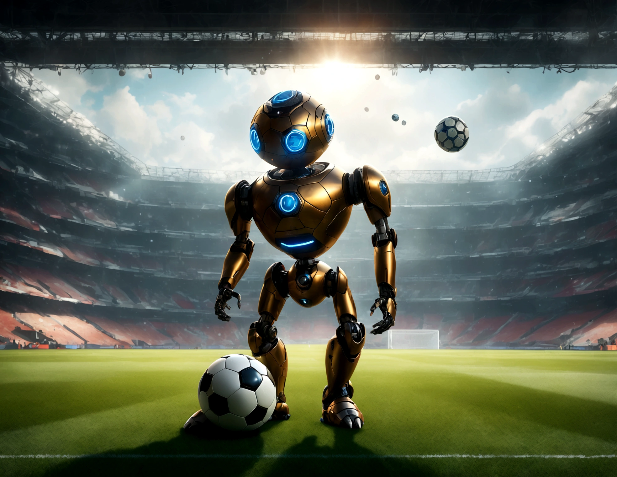 A dapper, mechanical android soccer team, steam vents, lit eyes, playing in a well-lit, packed stadium, teams with different color schemes, only one soccer ball on the field (best quality, 8k, highres, masterpiece:1.2), ultra-detailed, (realistic, photorealistic, photo-realistic:1.37), steam punk, concept art