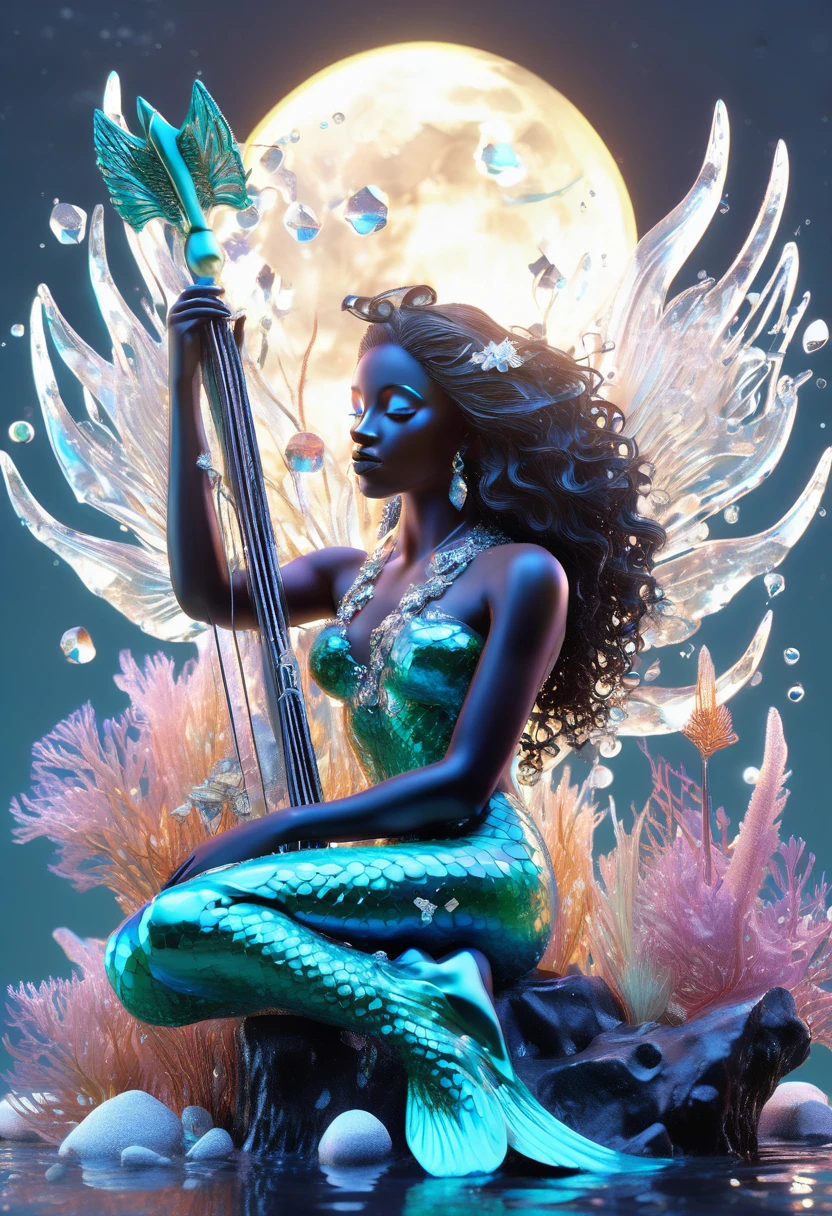 A stunningly realistic black mermaid, with iridescent scales shimmering like opals and diamonds, sits elegantly on a submerged rock, playing a intricately carved, glowing harp under the celestial glow of a full moon, amidst a kaleidoscope of aquatic life, with seaweed swaying to the melody, in a lush 3D render, boasting razor-sharp focus, hyper-realistic portraits, and an ultra HD, vibrant palette of turquoise, sapphire, and emerald hues, with an exaggerated sense of drama, crafted using cutting-edge 3D modeling, Octane rendering, V-Ray, and Unreal Engine, evoking an otherworldly, cinematic atmosphere.