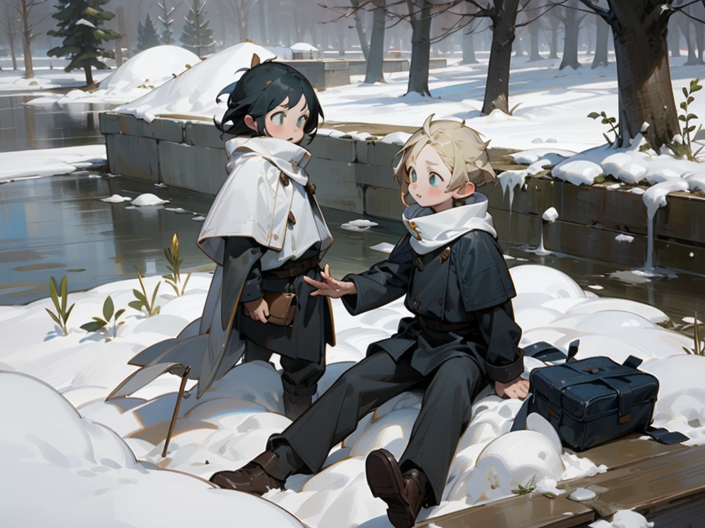 (masterpiece, best quality) detailed, Snow,Two little boys,cold