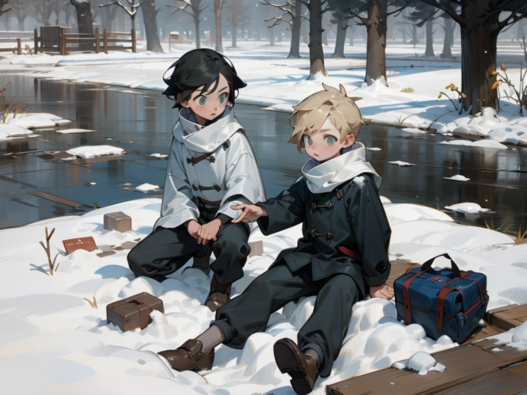 (masterpiece, best quality) detailed, Snow，Two little boys，cold