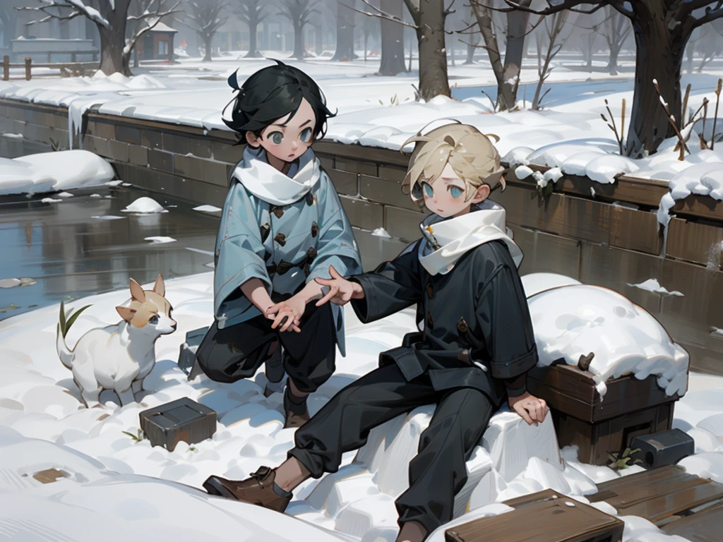 (masterpiece, best quality) detailed, Snow,Two little boys,cold