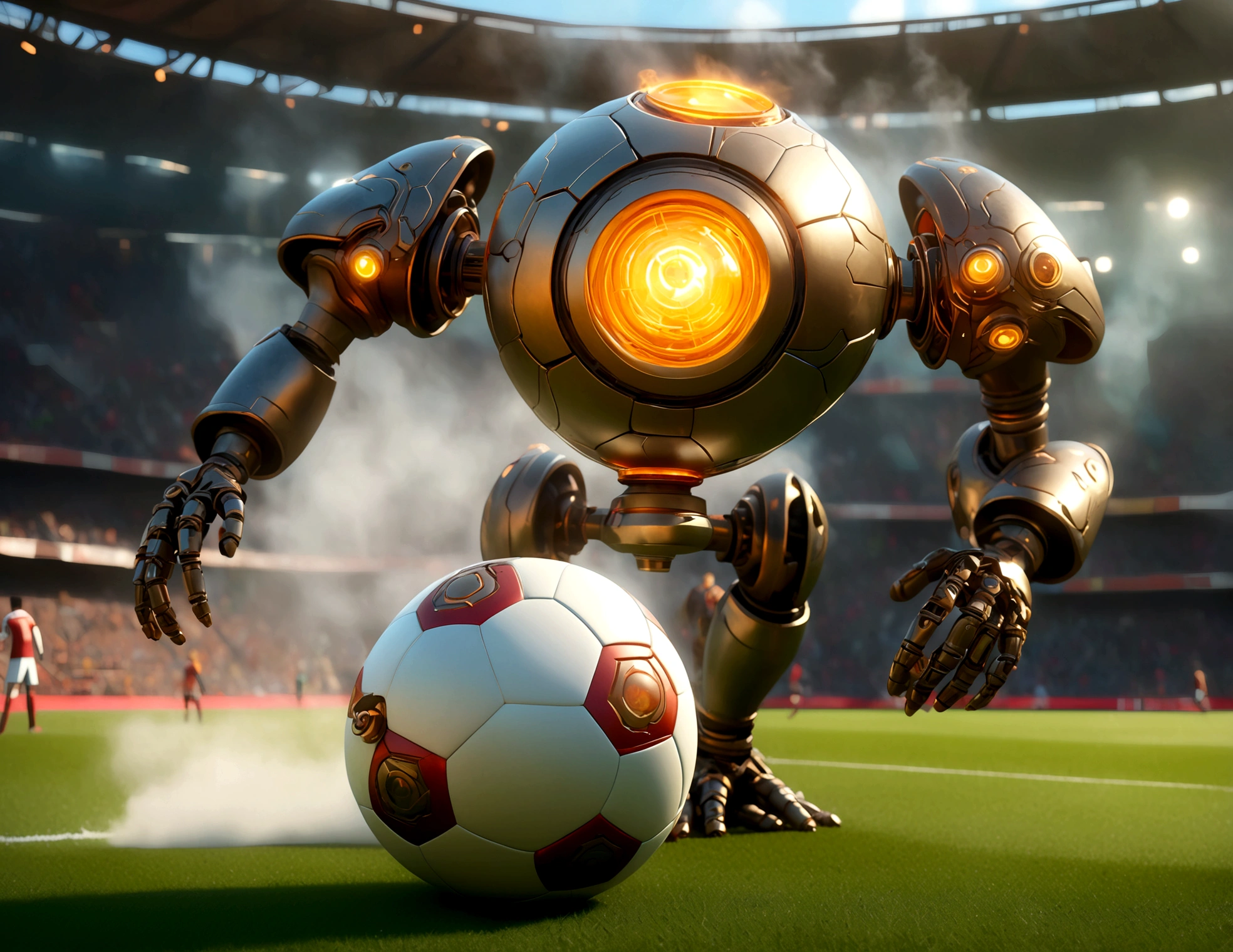 A dapper, mechanical android soccer team, steam vents, lit eyes, playing in a well-lit, packed stadium, teams with different color schemes, only one soccer ball on the field (best quality, 8k, highres, masterpiece:1.2), ultra-detailed, (realistic, photorealistic, photo-realistic:1.37), steam punk, concept art