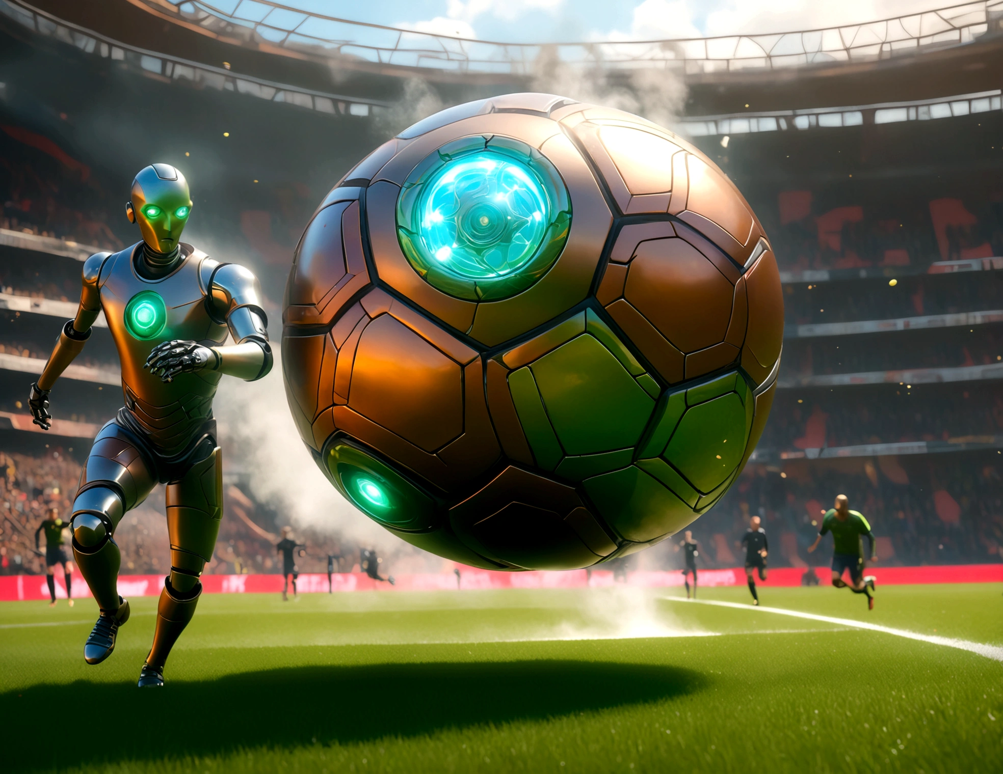 A dapper, mechanical android soccer team, steam vents, lit eyes, playing in a well-lit, packed stadium, teams with different color schemes, only one soccer ball on the field (best quality, 8k, highres, masterpiece:1.2), ultra-detailed, (realistic, photorealistic, photo-realistic:1.37), steam punk, concept art
