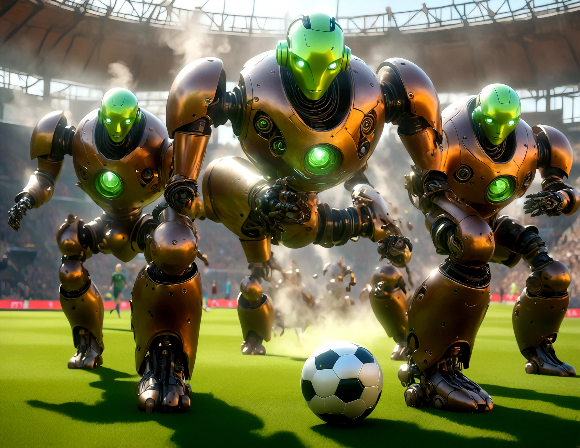 A dapper, mechanical android soccer team, steam vents, lit eyes, playing in a well-lit, packed stadium, teams with different color schemes, only one soccer ball on the field (best quality, 8k, highres, masterpiece:1.2), ultra-detailed, (realistic, photorealistic, photo-realistic:1.37), steam punk, concept art