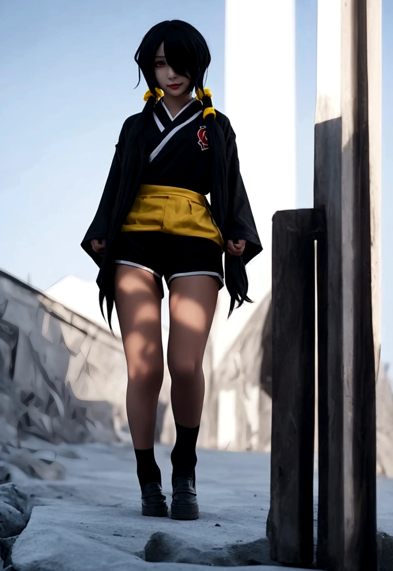 ultra-detailed,highly detailed, best quality,masterpiece, illustration, realistic, photo, photorealistic,
1girl, ((tokisaki kurumi)), ((cosplay)), hair over one eye, (right red eye, left yellow eye), looking at viewer, happy girl, (low twintail) , ((kimono)), (((Black hotpants))), hair rings, loafers,
(Outdoors), walking, ((beach)) 