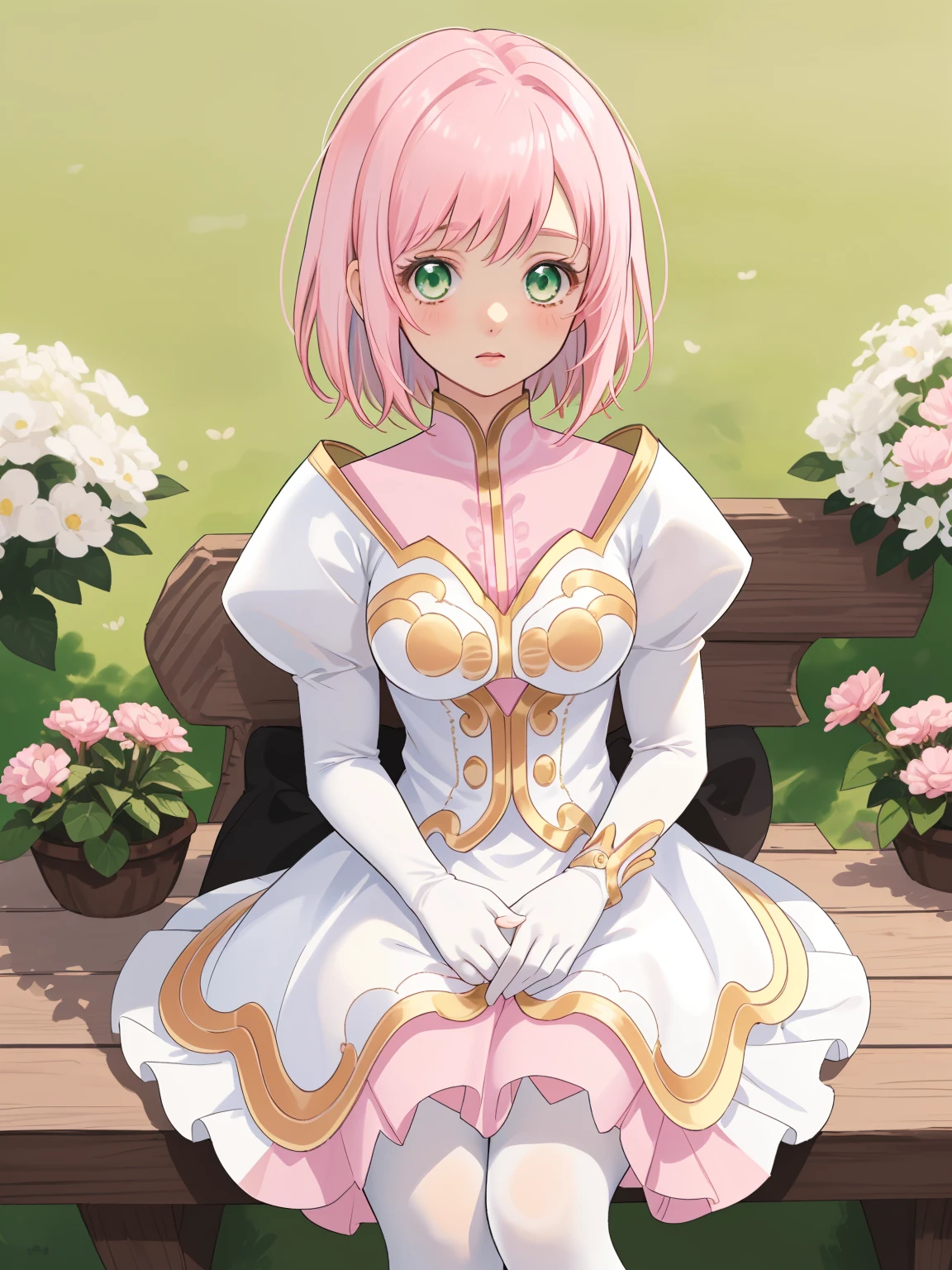 masterpiece, Highest quality, alone, One Girl,Estellise Sidos Heurassein, Pink Hair, short hair, Green Eyes, Small breasts, White and pink dress, Glamorous Dress, Pink collar, Pink Skirt, White boots, White gloves, (Black Pantyhose, Black legwear:1.1)whole body, Little:5, cute, (Beautifully detailed face), (Beautiful attention to detail), (Beautiful detailed hair)