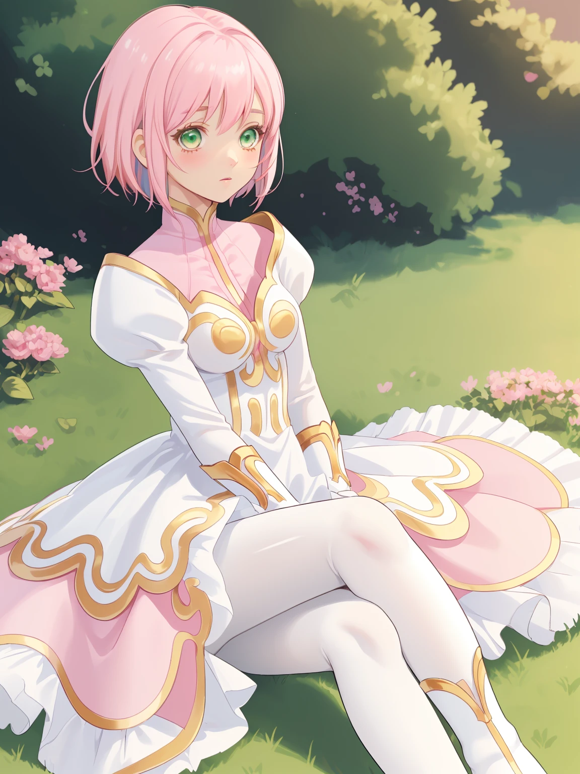 masterpiece, Highest quality, alone, One Girl,Estellise Sidos Heurassein, Pink Hair, short hair, Green Eyes, Small breasts, White and pink dress, Glamorous Dress, Pink collar, Pink Skirt, White boots, White gloves, (Black Pantyhose, Black legwear:1.1)whole body, Little:5, cute, (Beautifully detailed face), (Beautiful attention to detail), (Beautiful detailed hair)