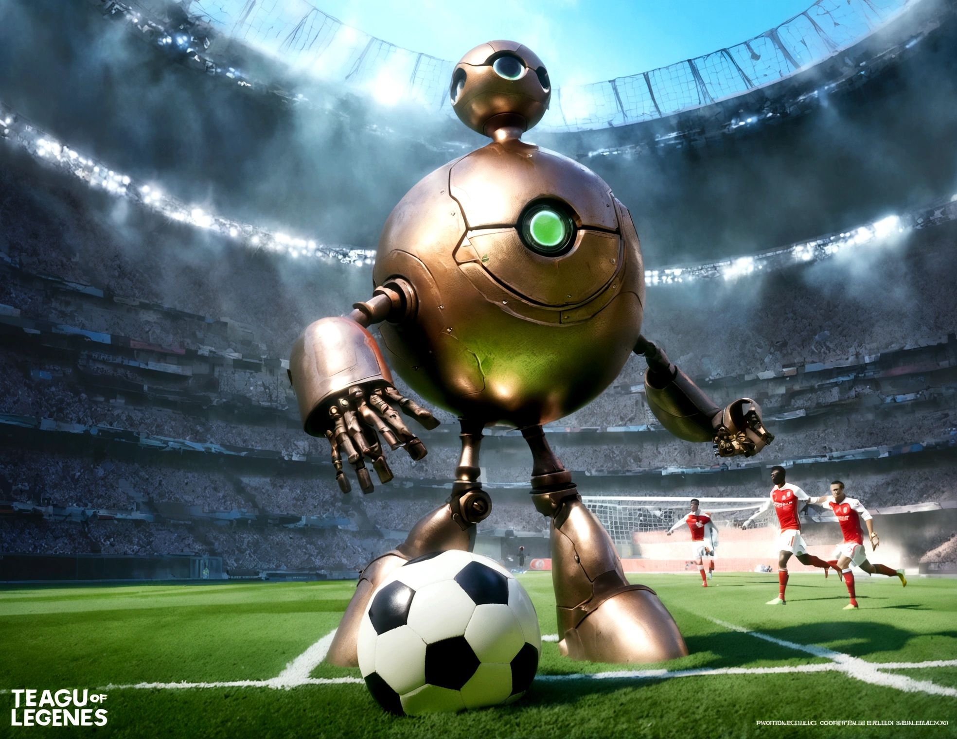 A dapper, mechanical android soccer team, steam vents, lit eyes, playing in a well-lit, packed stadium, teams with different color schemes, only one soccer ball on the field (best quality, 8k, highres, masterpiece:1.2), ultra-detailed, (realistic, photorealistic, photo-realistic:1.37), steam punk, concept art