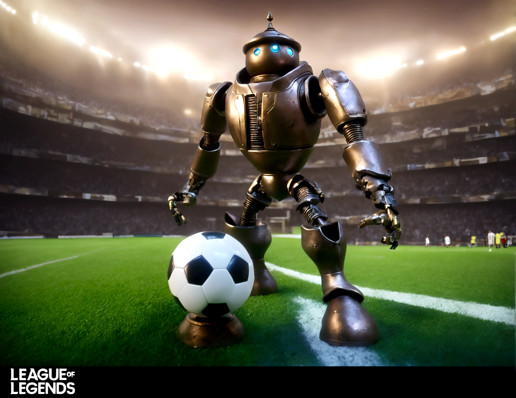 A dapper, mechanical android soccer team, steam vents, lit eyes, playing in a well-lit, packed stadium, teams with different color schemes, only one soccer ball on the field (best quality, 8k, highres, masterpiece:1.2), ultra-detailed, (realistic, photorealistic, photo-realistic:1.37), steam punk, concept art